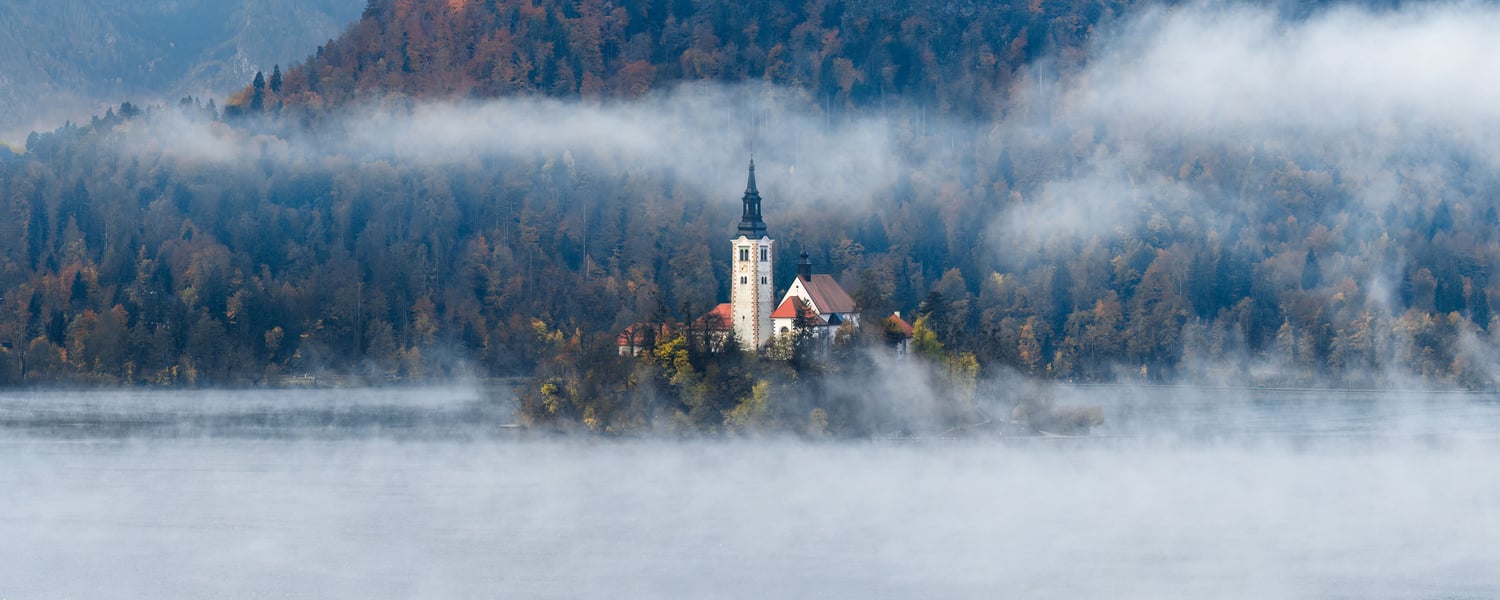 Lake Bled Slovenia 2025 autumn fog fairytale drone aerial castle church landscape photography 3