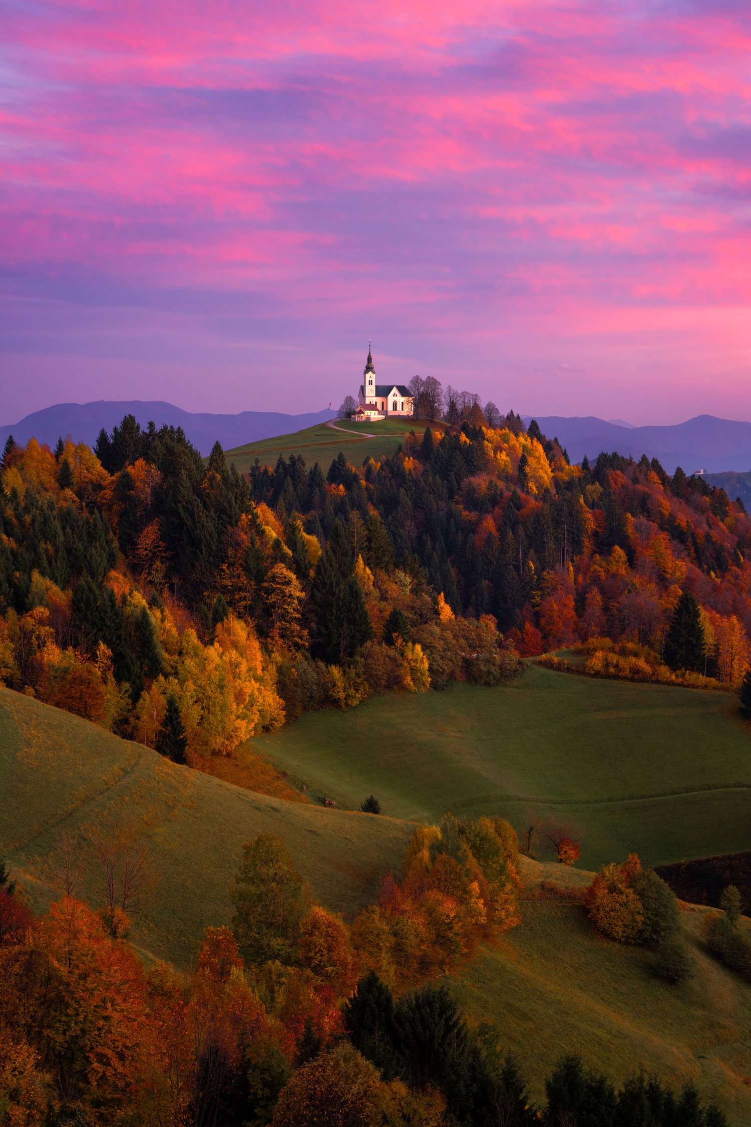 Slovenia church hill 2025 cerkev sv. Lenarta sunset light clouds colours