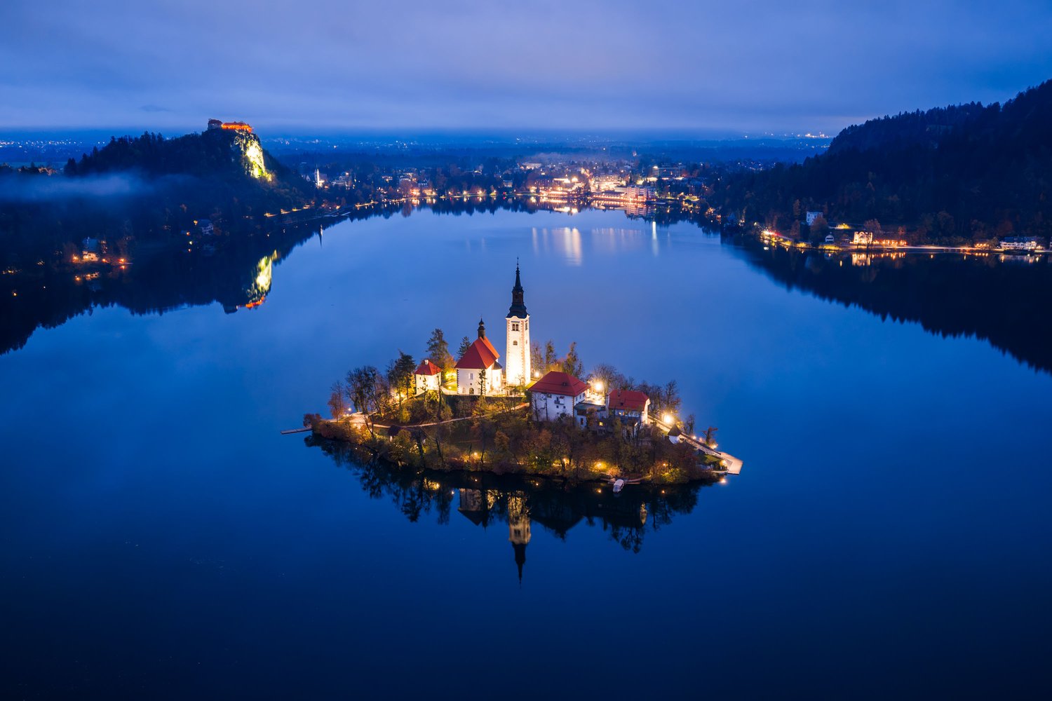 Lake Bled Slovenia 2025 autumn reflection fairytale castle church tree landscape photography 8 blue hour