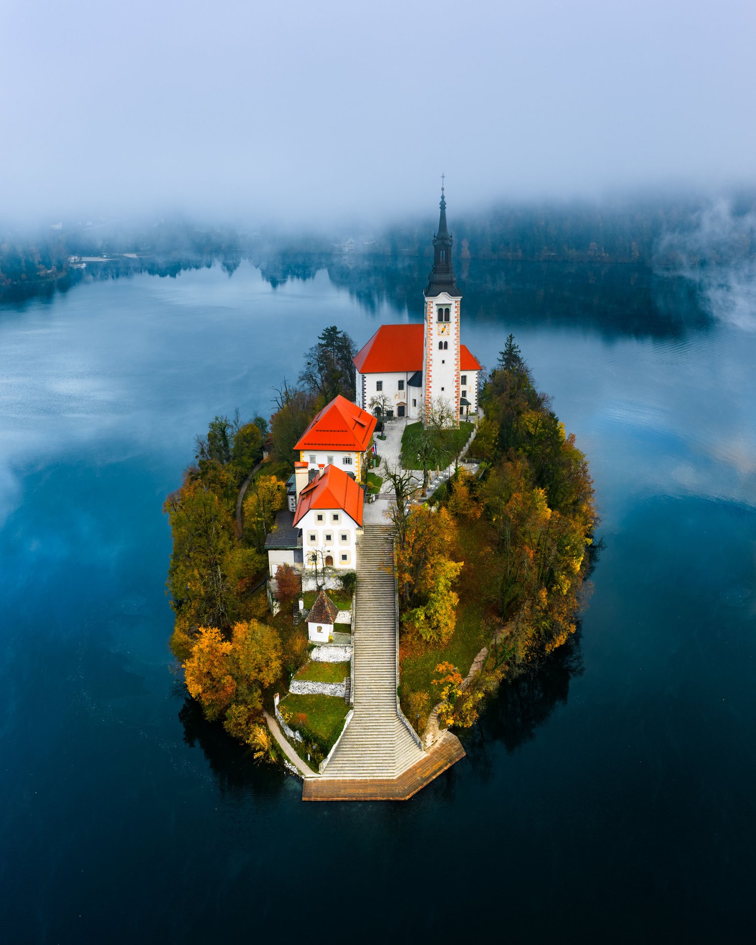 Lake Bled Slovenia 2025 autumn fog fairytale drone aerial castle church landscape photography