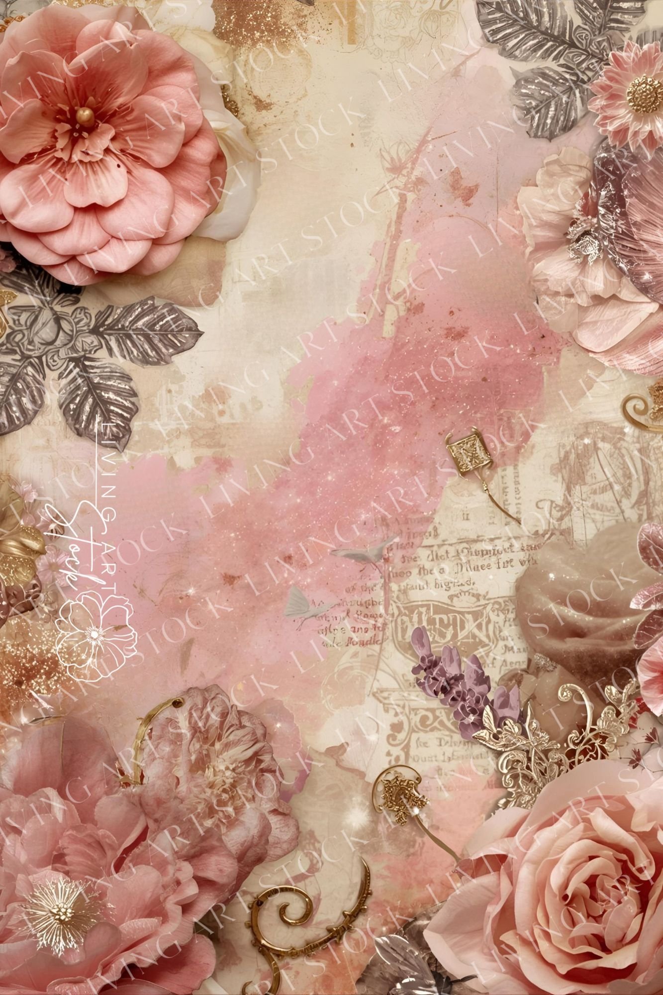 A richly textured, romantic and vintage digital collage featuring a frame of blush pink and dusty rose flowers, including camellias and roses, set against an aged, distressed paper background. The background features subtle script text, old map elements,