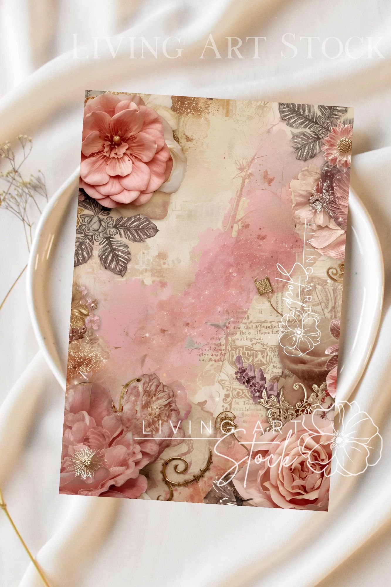 A richly textured, romantic and vintage digital collage featuring a frame of blush pink and dusty rose flowers, including camellias and roses, set against an aged, distressed paper background. The background features subtle script text, old map elements,