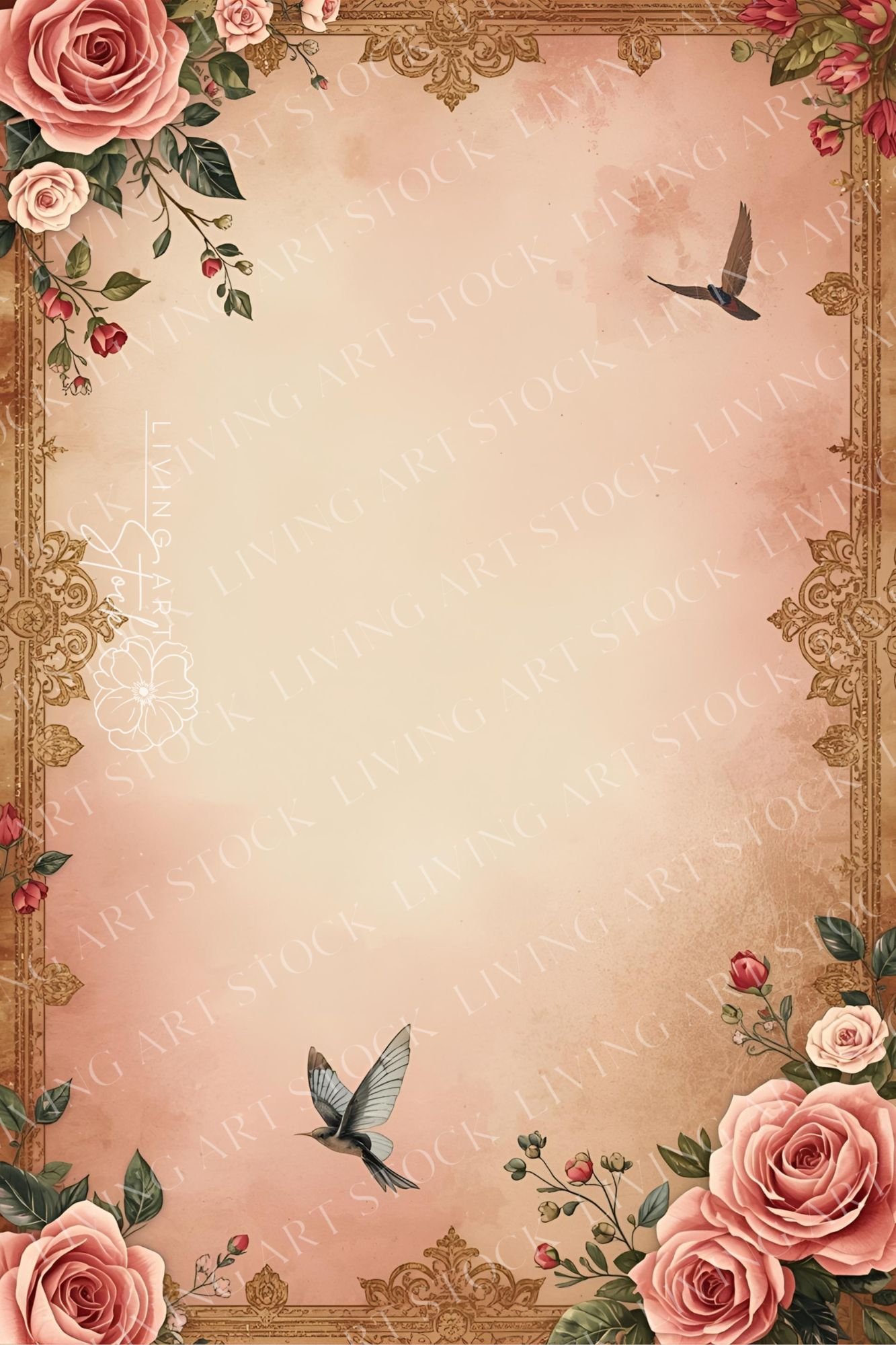 An elegant and refined vertical background template featuring a central empty space for text or design, surrounded by a highly detailed ornate gold frame border with intricate filigree and scrollwork. The central area has a soft vintage paper texture with