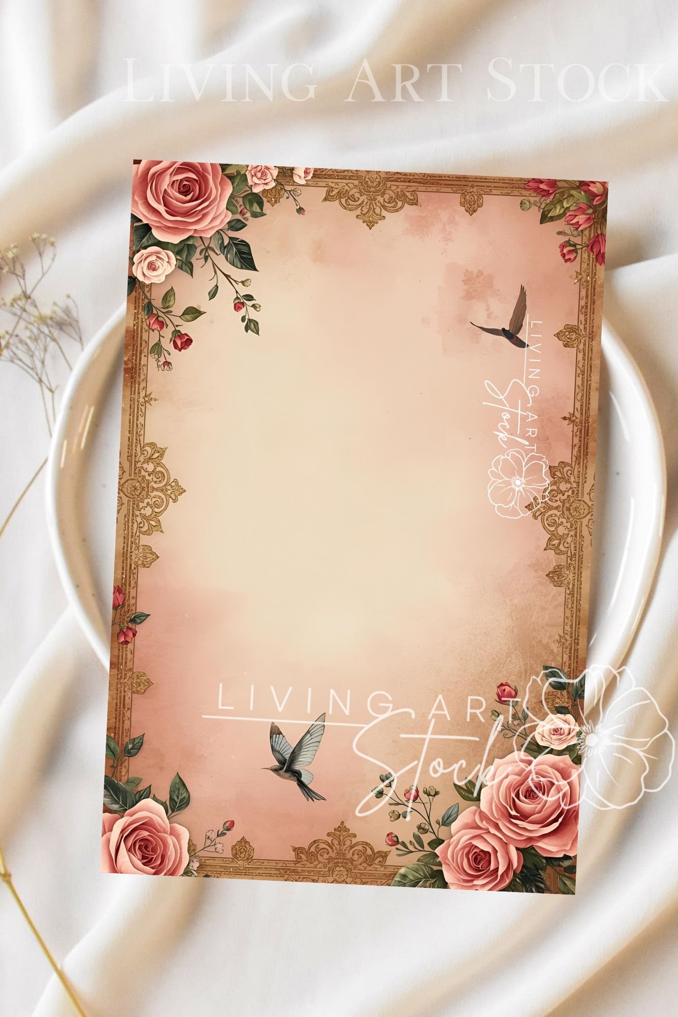An elegant and refined vertical background template featuring a central empty space for text or design, surrounded by a highly detailed ornate gold frame border with intricate filigree and scrollwork. The central area has a soft vintage paper texture with