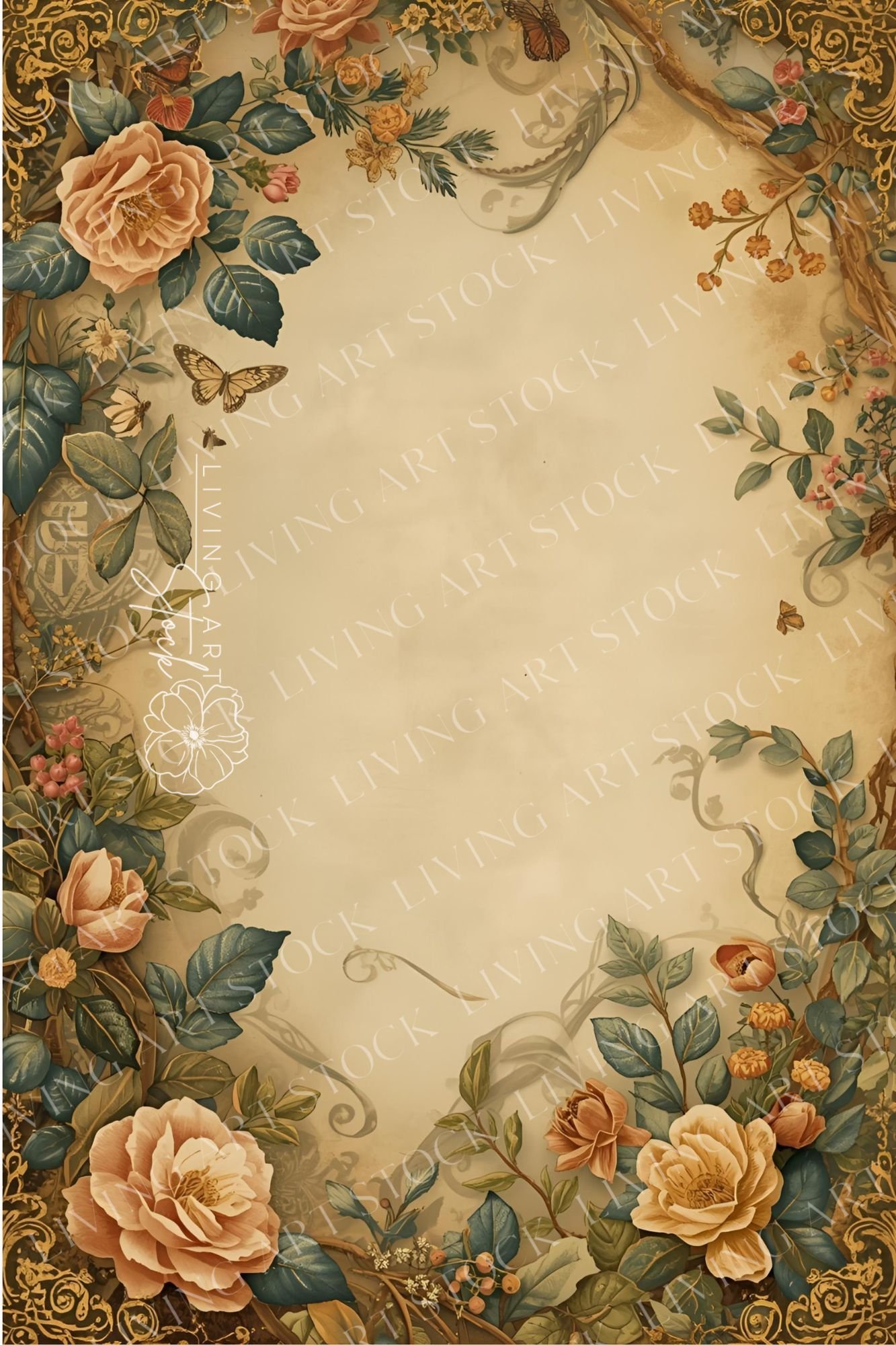 A richly detailed vertical background featuring an enveloping botanical border inspired by classical Chinoiserie or William Morris styles. The frame is densely populated with large peach and apricot colored old garden roses, lush deep green/blue-grey foli