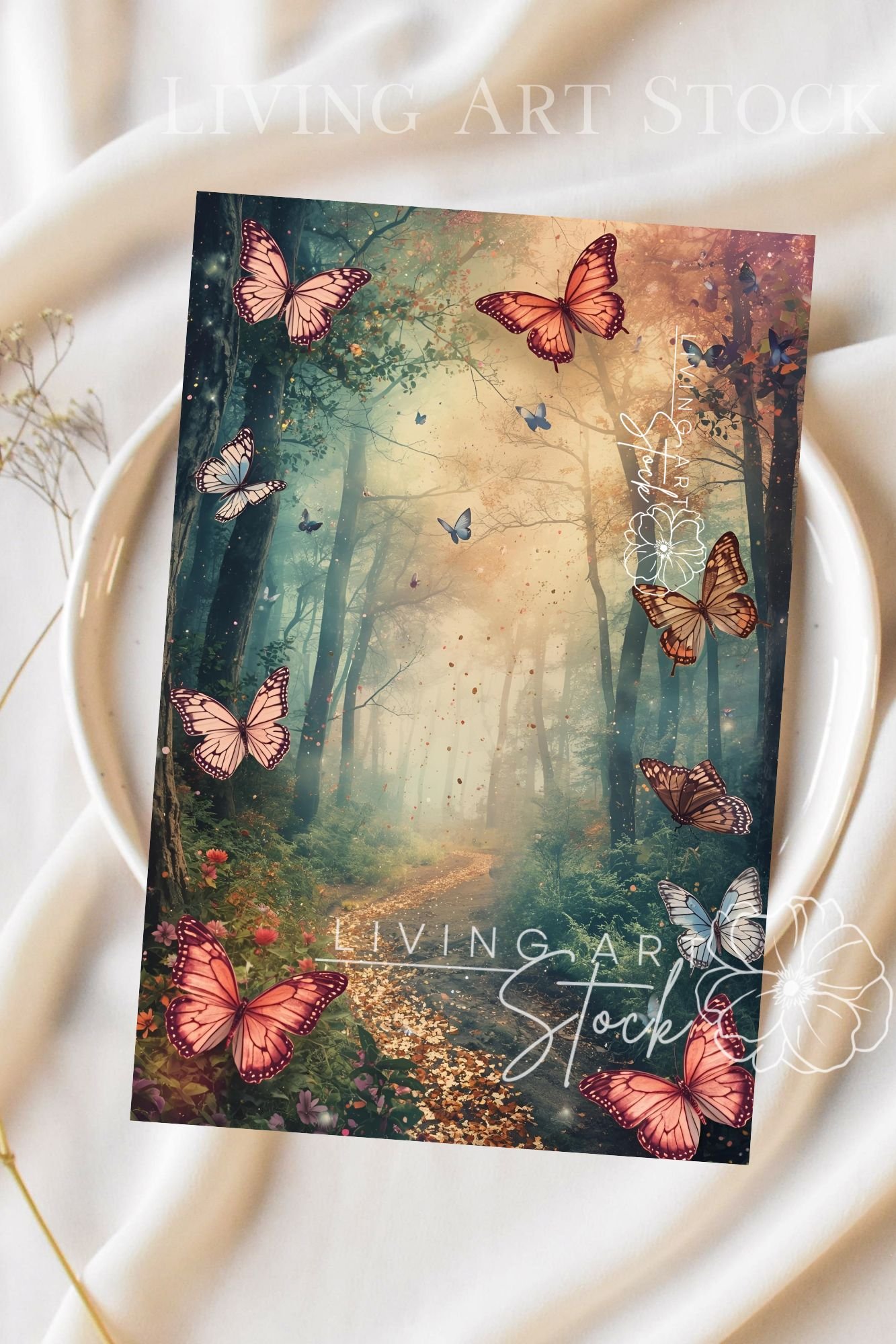 A vertical image depicting a magical, enchanted forest scene with a narrow, leaf-strewn path leading through tall, misty trees. A warm sunlight or sunbeam breaks through the canopy, creating a dreamy and ethereal atmosphere highlighted by shimmering parti