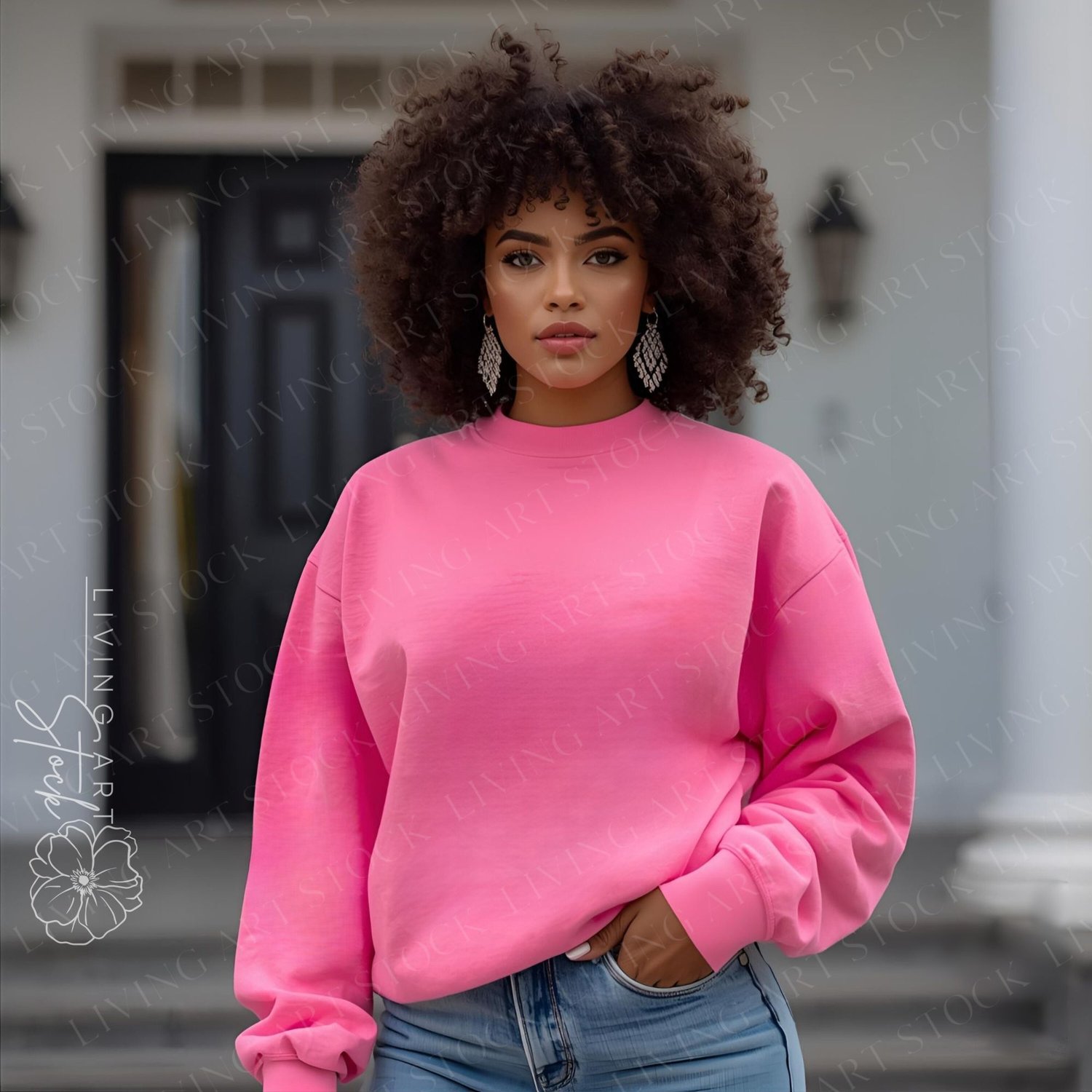 A stylish, medium shot portrait features a beautiful young Black woman with large, voluminous curly hair standing with a confident, slightly serious expression. She is wearing a bold, bright pink or hot pink crewneck sweatshirt and blue denim jeans, with