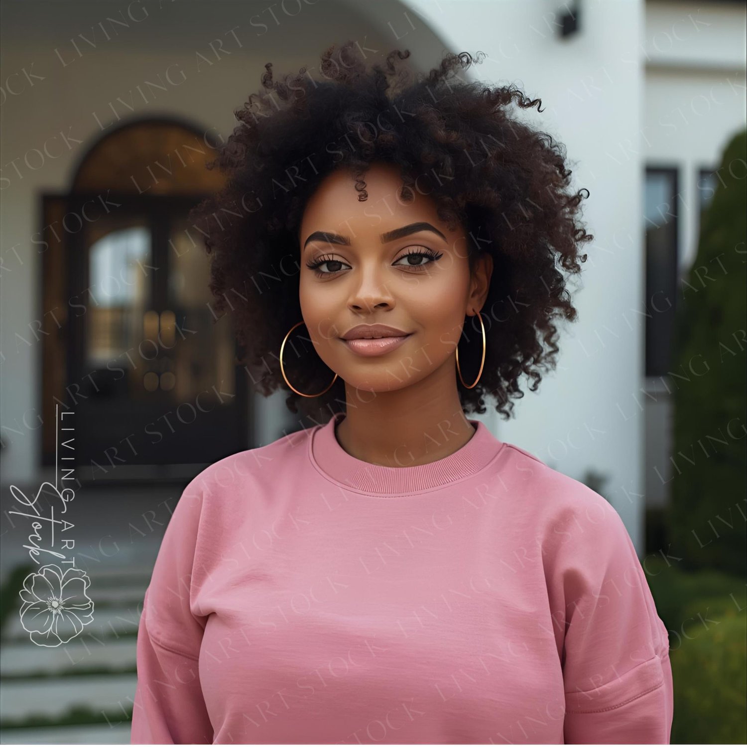 A warm, close-up portrait captures a beautiful young Black woman with a soft, friendly smile and striking natural afro-textured hair. She is wearing a plain, oversized pink or mauve crewneck sweatshirt, paired with large gold hoop earrings, blending comfo