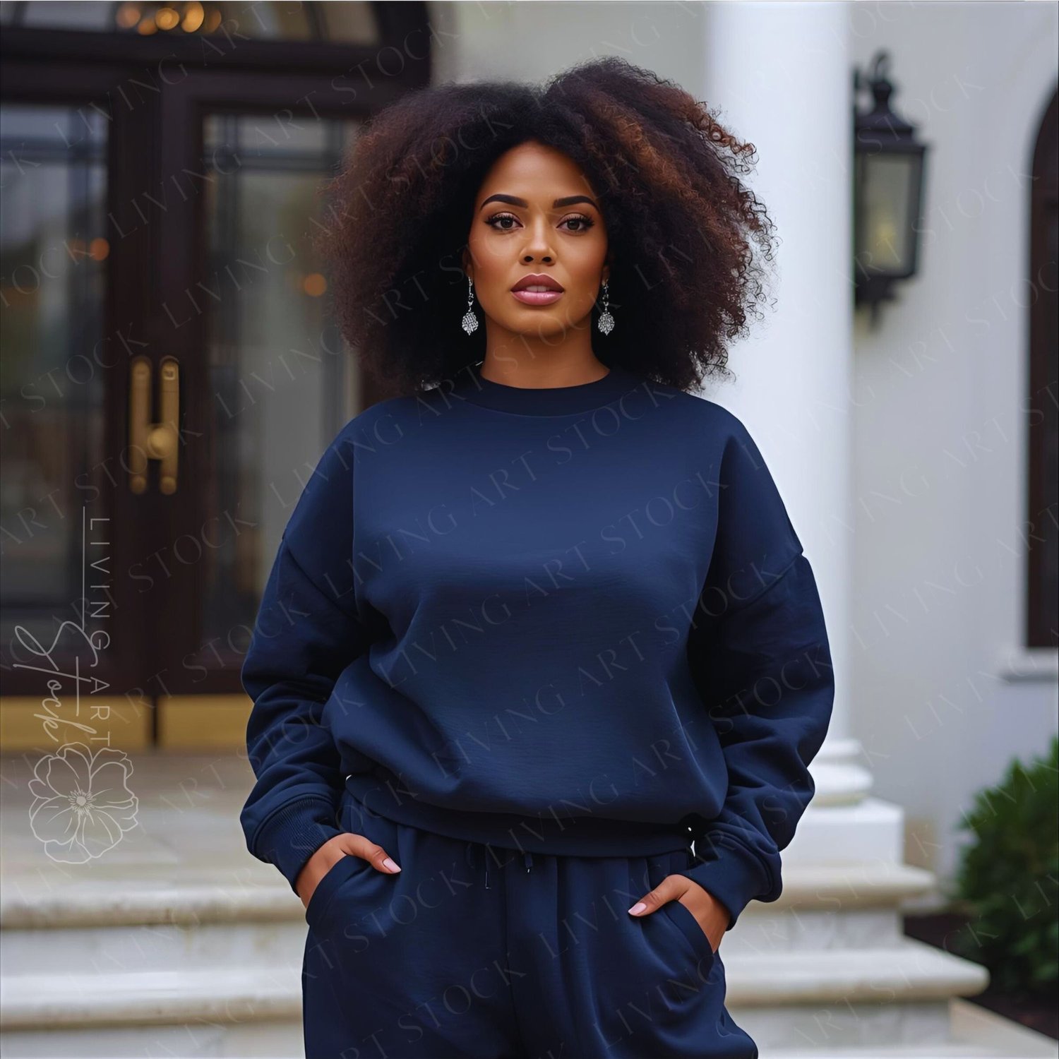 A stylish, formal, medium shot of a beautiful young Black woman with impressive, large natural curly hair standing confidently outdoors. She is wearing a monochromatic set consisting of a navy blue or dark blue crewneck sweatshirt and matching sweatpants 