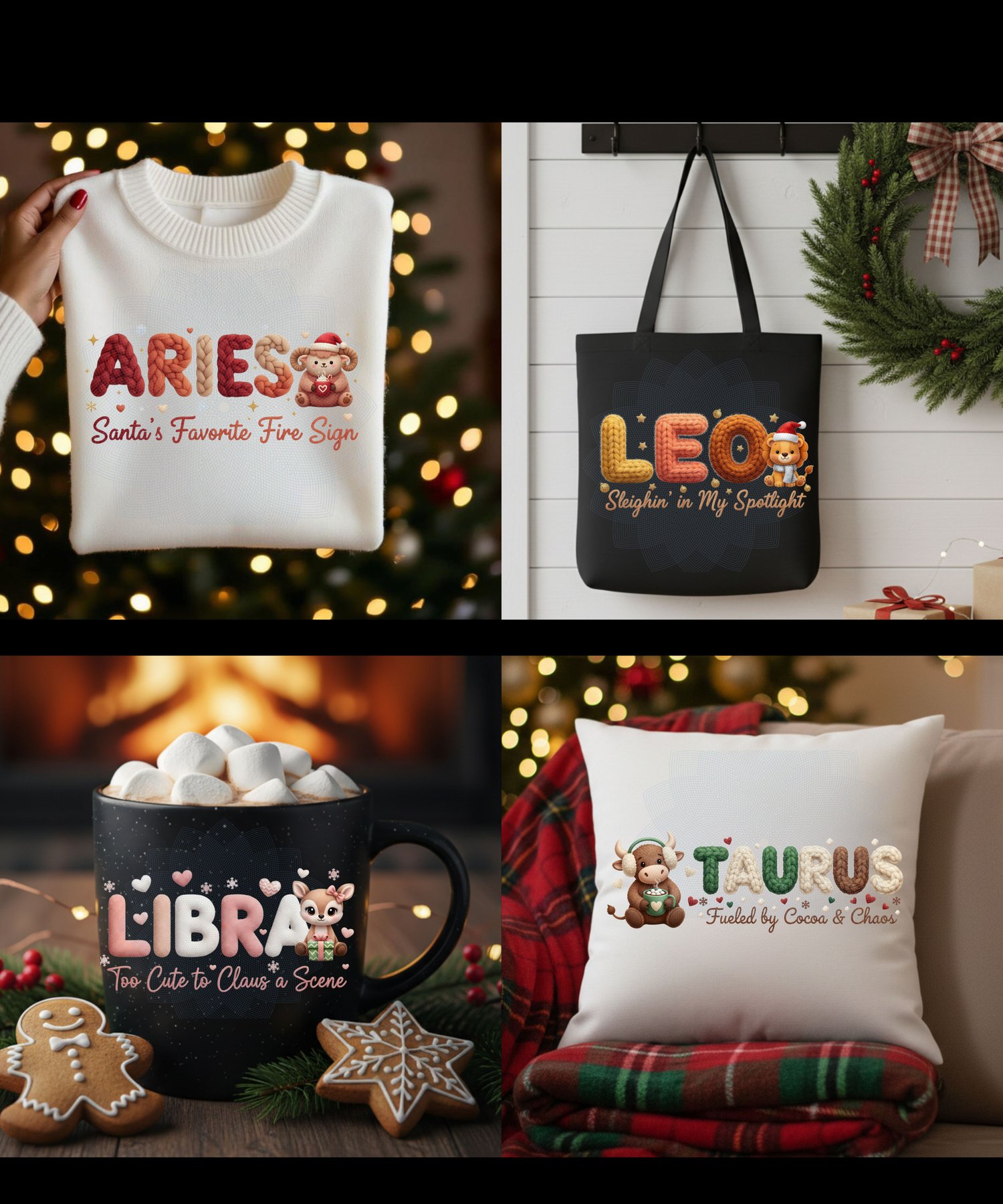 zodiac christmas clipart, cozy zodiac png, astrology christmas design, faux yarn texture png, knitted christmas letters, cute holiday astrology art, christmas sublimation bundle, cozy digital download