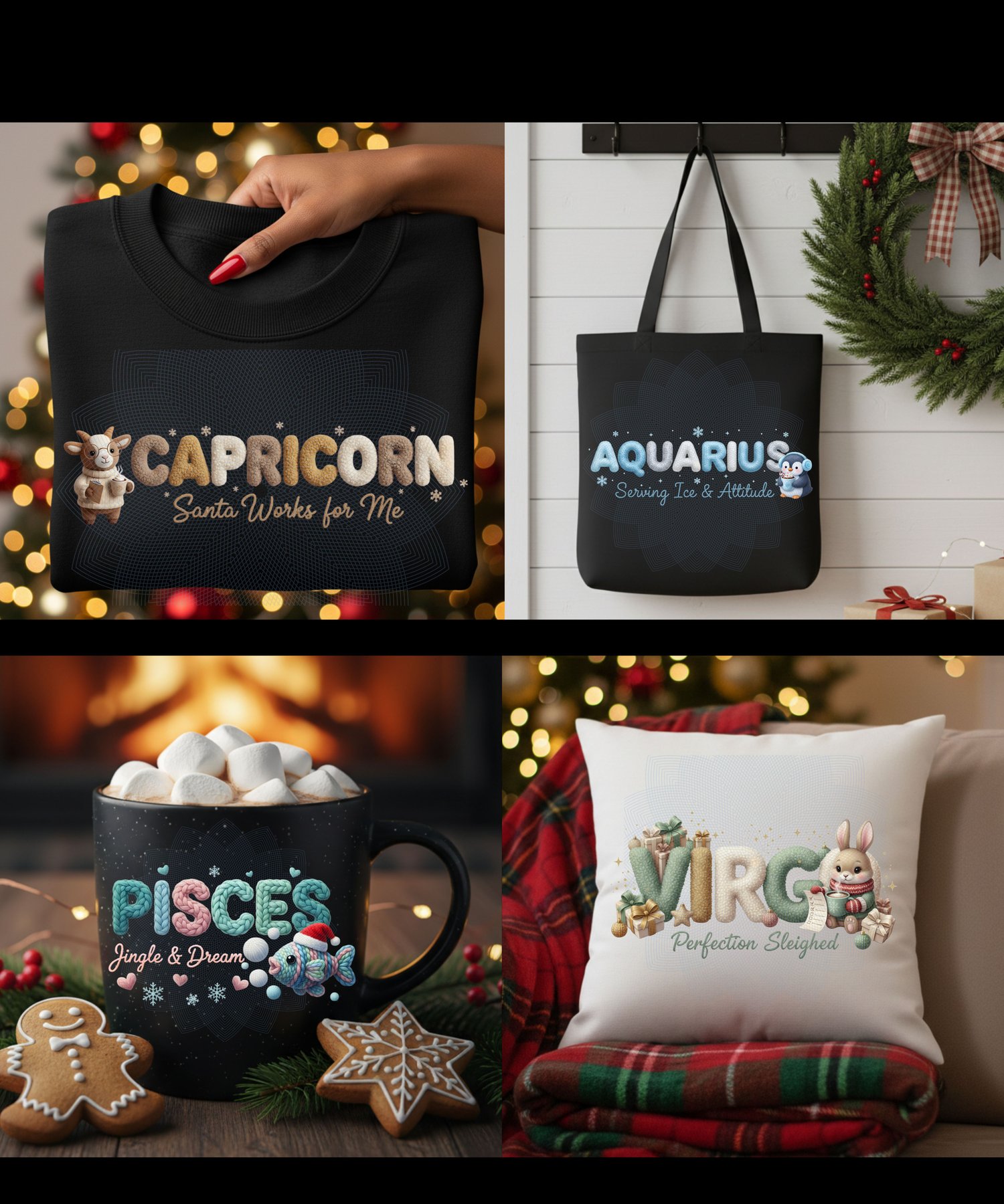 zodiac christmas clipart, cozy zodiac png, astrology christmas design, faux yarn texture png, knitted christmas letters, cute holiday astrology art, christmas sublimation bundle, cozy digital download