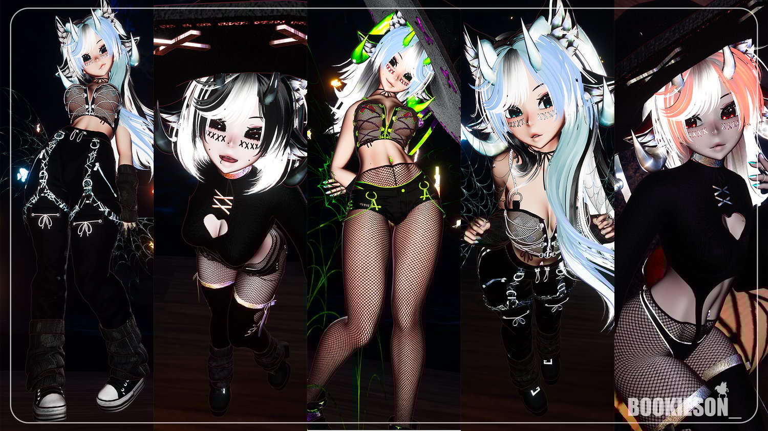 5 different versions of the avatar and her outfits, accessories, and color combos are shown in a row, showcasing the customization options