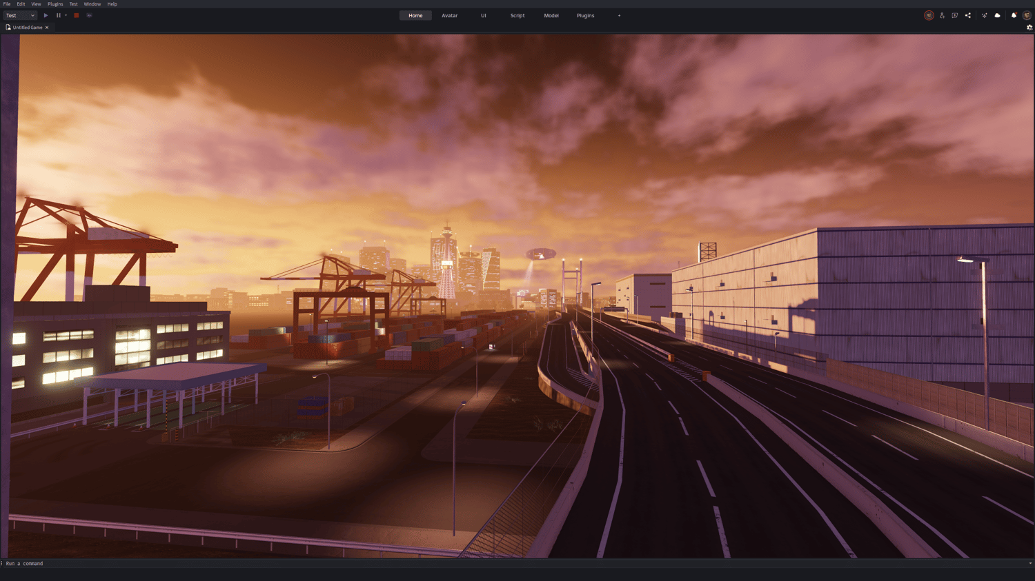 Roblox Japanese dock and city environment with evening lighting