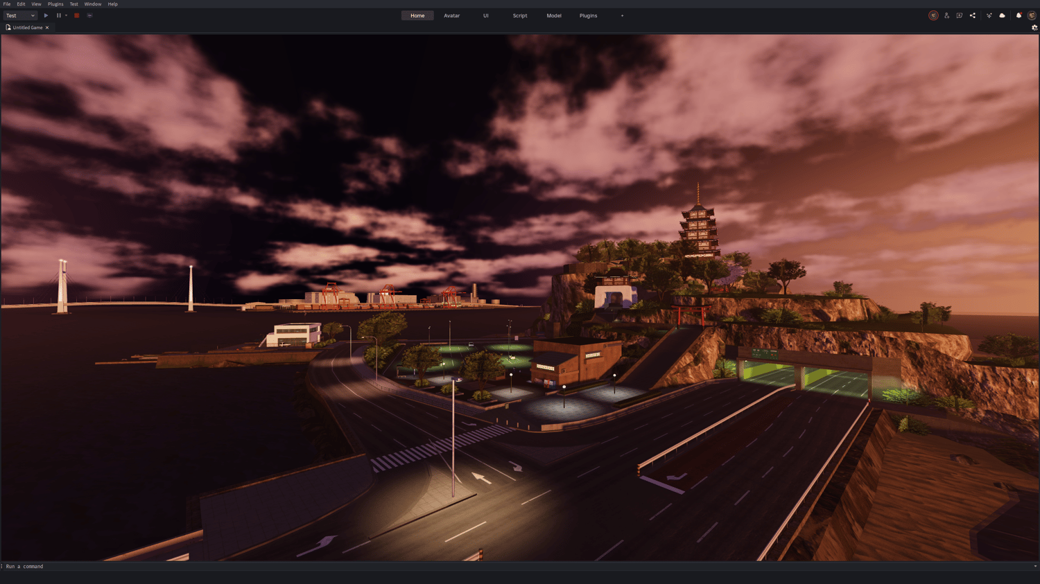 Roblox Japanese island with urban skyline and road network