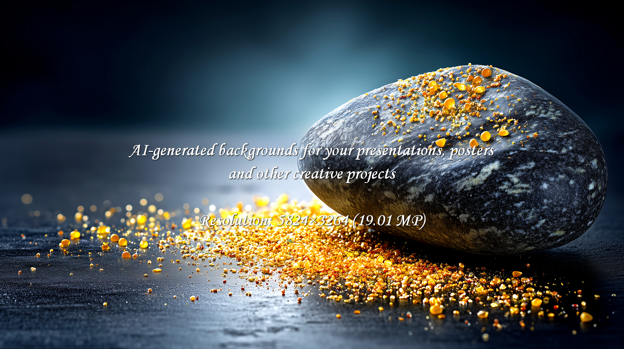 A smooth, dark stone rests on a reflective surface, surrounded by shimmering golden dust. This dramatic scene evokes discovery, wealth, and precious moments, perfect for conceptual projects.