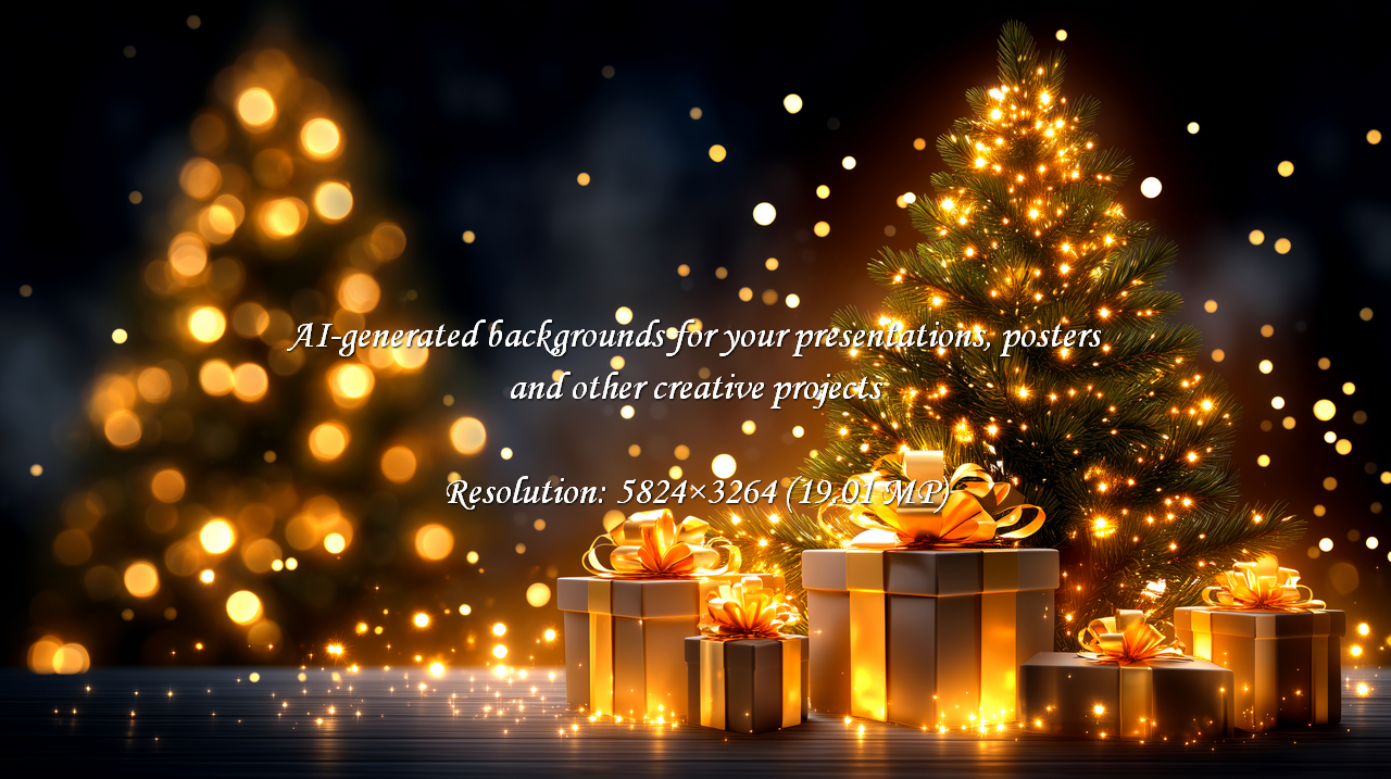 Experience the magic of Christmas with glowing trees and elegant presents. Create a festive mood with golden light for holiday greetings and joyous celebrations this season.