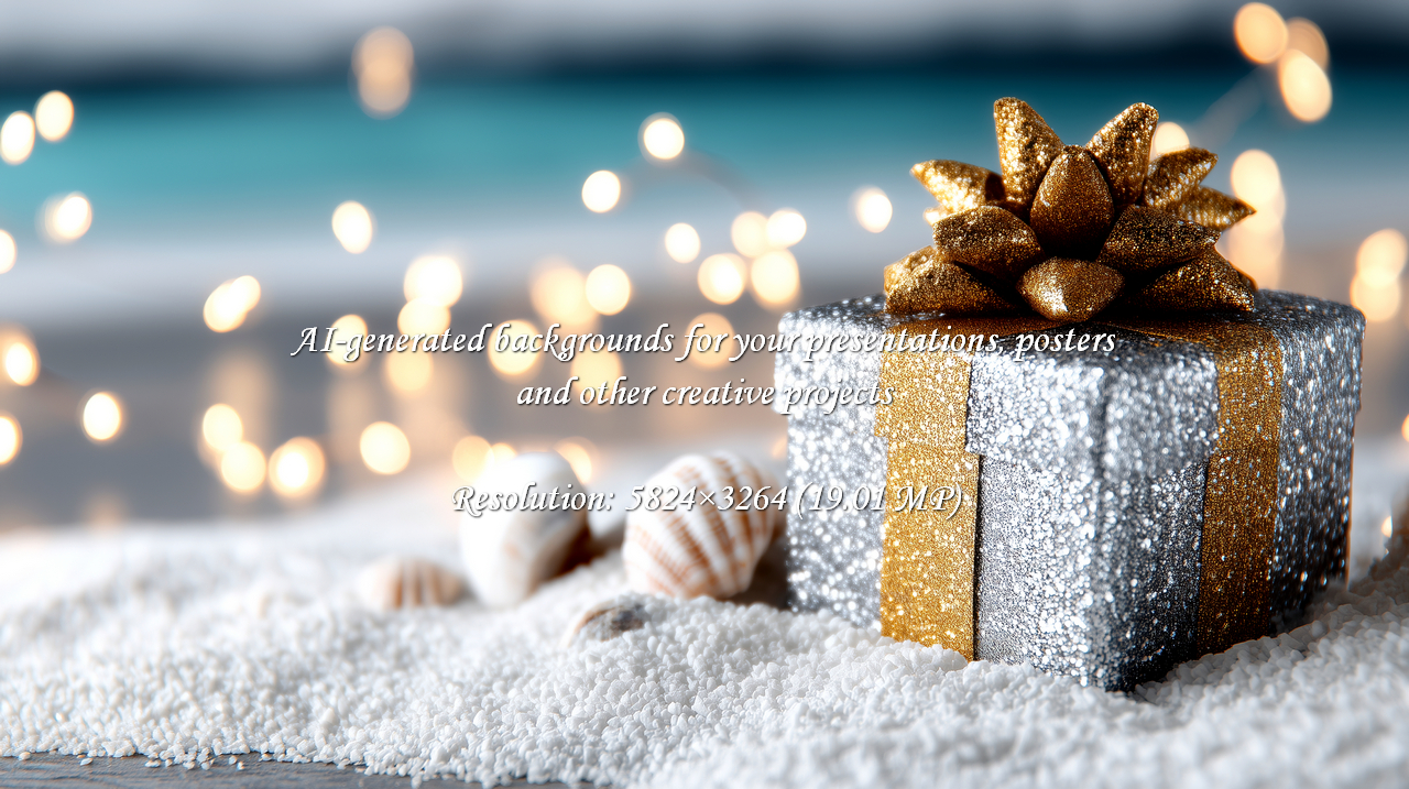 Captivating sparkling gift box with a lavish golden bow, nestled on pristine white sand with delicate seashells. Evokes joy, luxury, and festive cheer, perfect for holiday, travel, or special occasion themes.