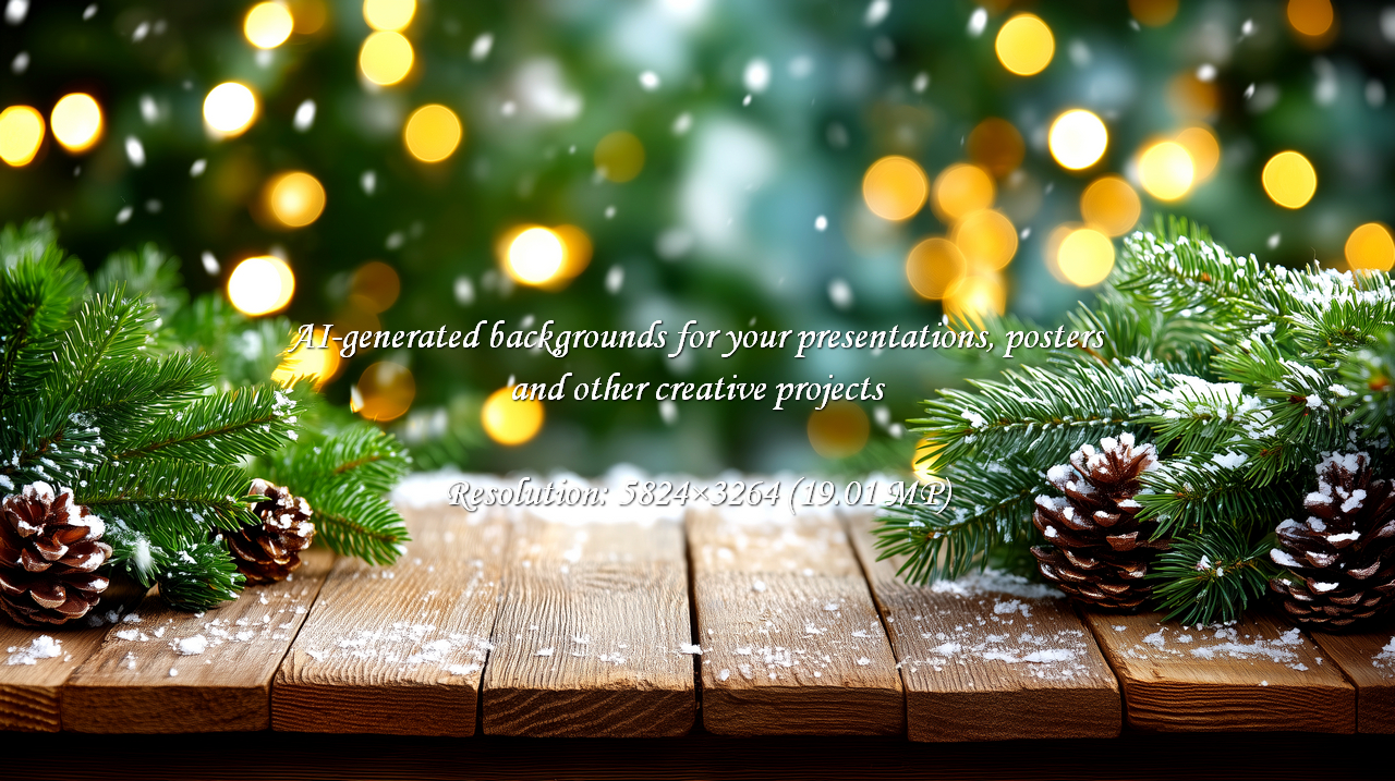 Embrace the warmth of the holidays with this inviting wooden table setting, adorned with snow-kissed pine and twinkling bokeh lights, ideal for showcasing festive products or crafting heartfelt seasonal messages.