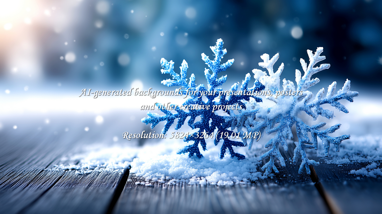 Captivating close-up reveals delicate blue snowflakes nestled in soft snow on a rustic wooden table, perfect for conveying winter magic and holiday cheer.