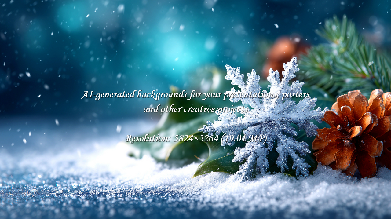 Embrace the enchanting beauty of winter with this captivating close-up, showcasing a shimmering snowflake amidst snowy textures, holly leaves, and pine branches. Perfect for festive greetings and seasonal promotions.