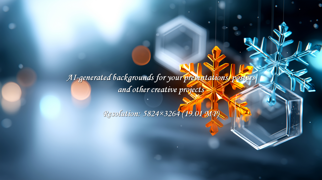 Captivating winter scene with shimmering amber and blue snowflakes, set against a soft bokeh blur. Evokes holiday magic and festive cheer, ideal for seasonal campaigns and elegant winter branding.