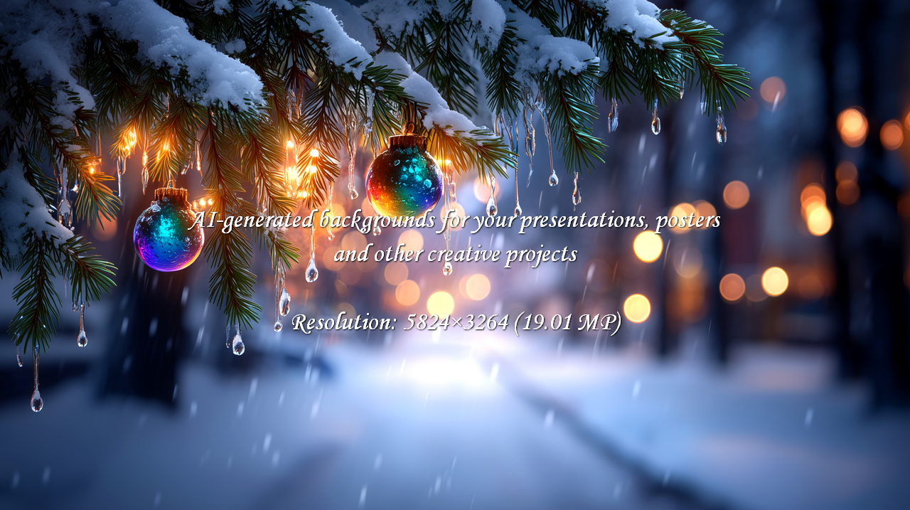 Experience the magic of a snowy Christmas night. Pine branches draped in snow, shimmering ornaments, and warm fairy lights create a breathtaking winter wonderland, perfect for holiday greetings and festive designs.