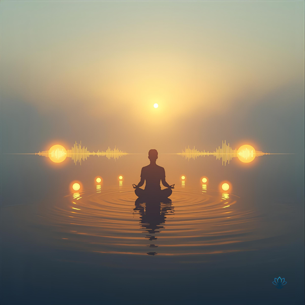 Person meditating in a calm golden sunrise over water, symbolizing inner peace and mindful awareness — ZenSoulSpirits Guided Audios Collection