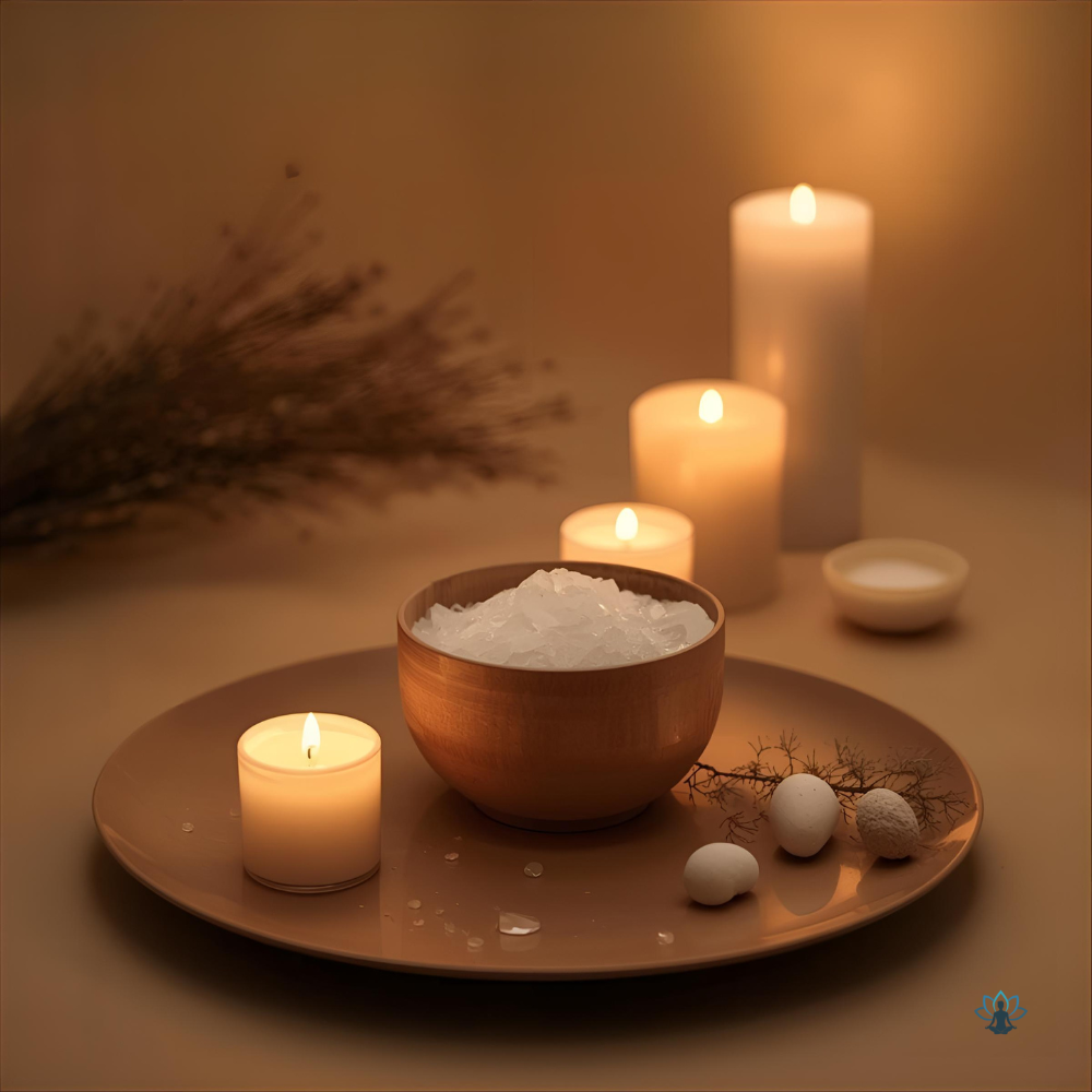 Zen ritual with candles, salt and calm light — representing personalized spiritual and relaxation services by ZenSoulSpirits