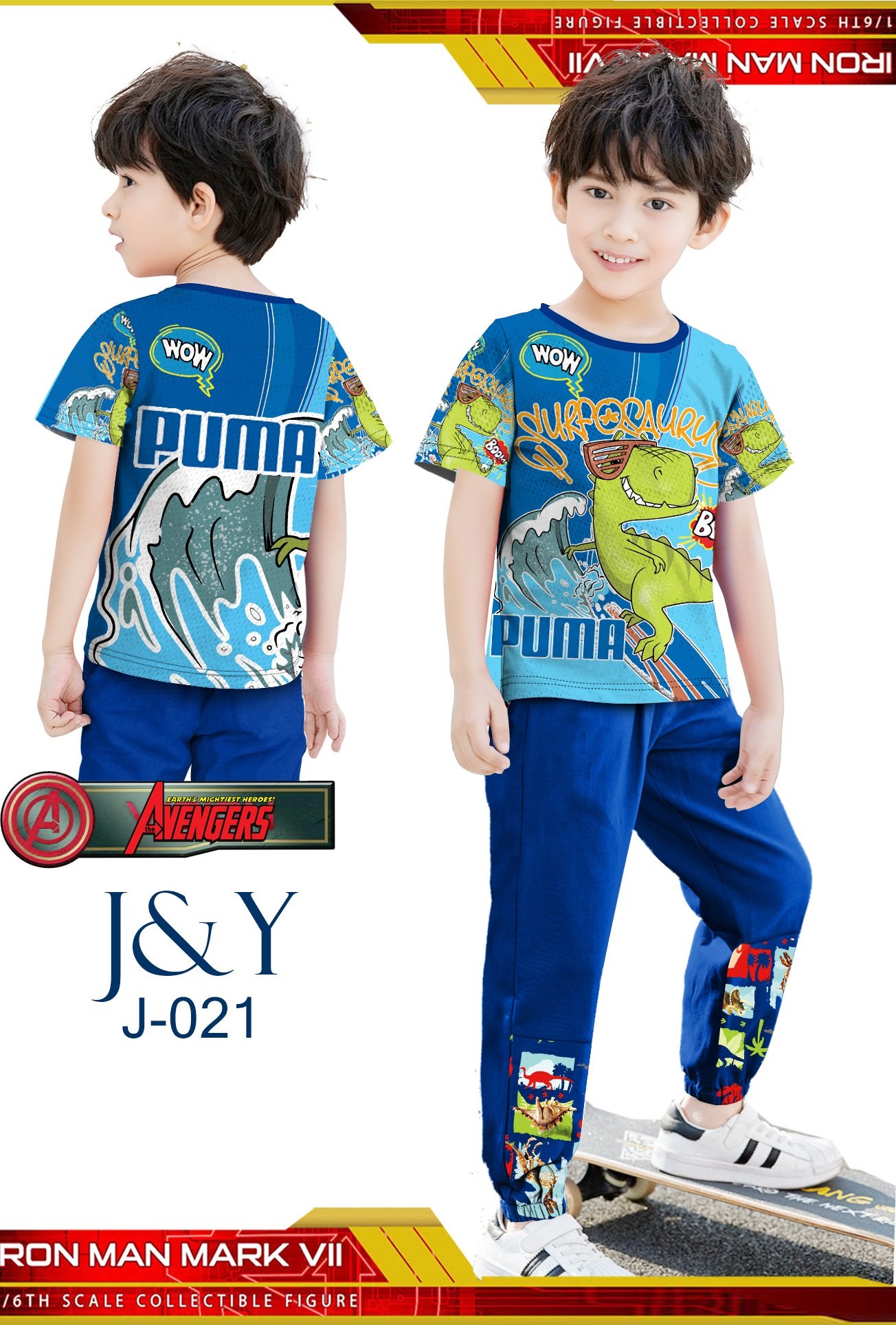 J-021 boys’ dinosaur cartoon top and pants set for everyday casual wear.