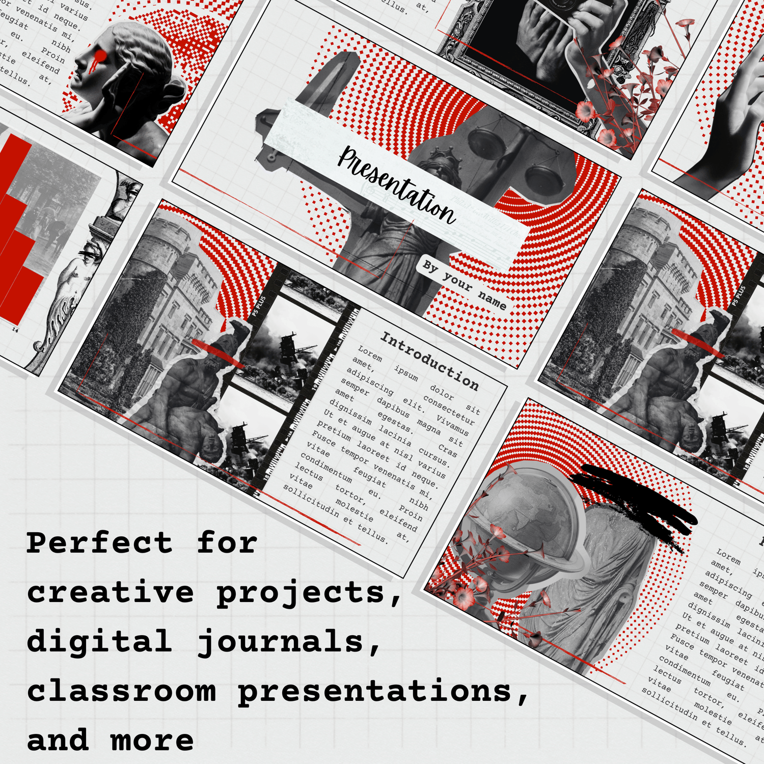 Gray & Red Dark History Scrapbook Journal Presentation Canva Template