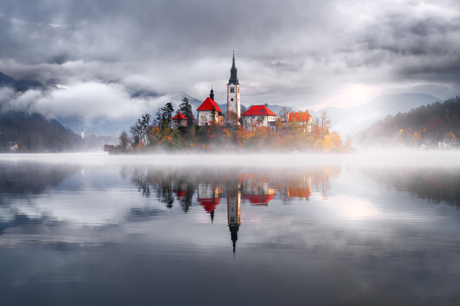 Lake Bled Slovenia 2025 autumn fog reflection fairytale castle church landscape photography
