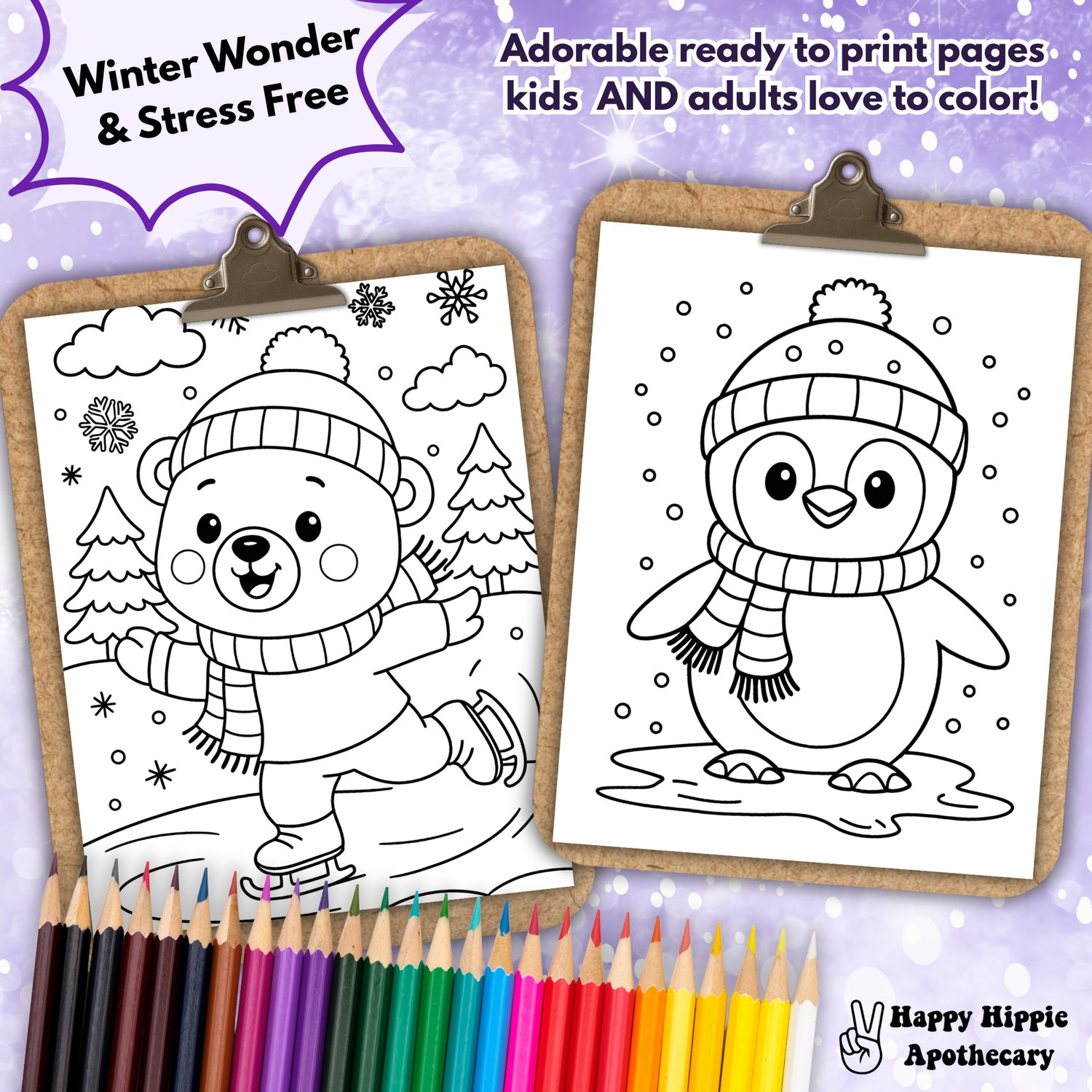 Printable winter animal coloring sheets shown on clipboards with colored pencils, featuring cute bear and penguin in cozy winter clothes for stress-free kids' activities.