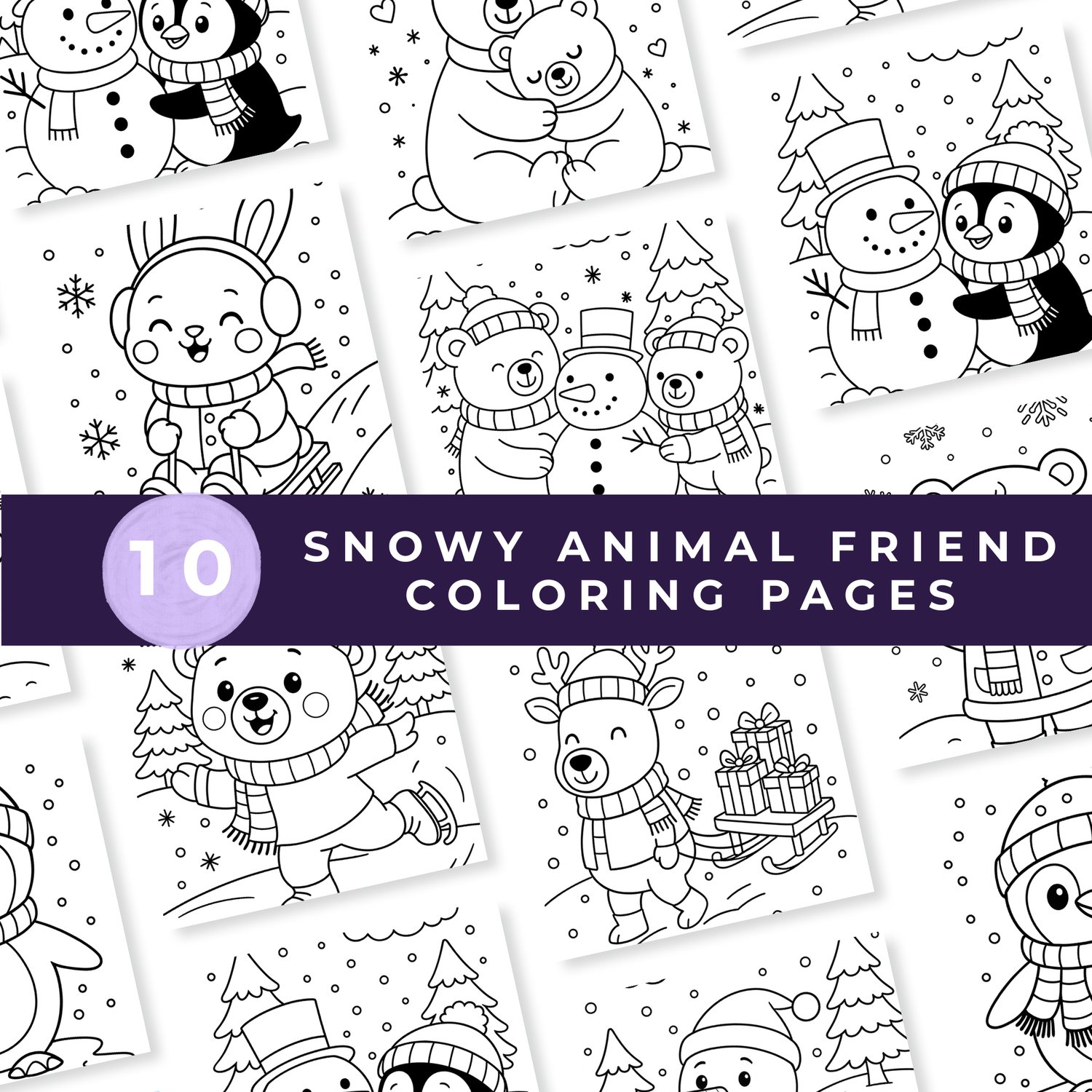 Close-up collage of printable winter animal coloring pages for children, showing bears, penguins, bunnies, and snowmen in holiday and snowy scenes.