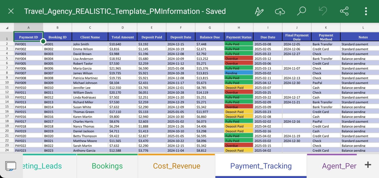 Travel Business Dashboard with revenue charts and destination analysis