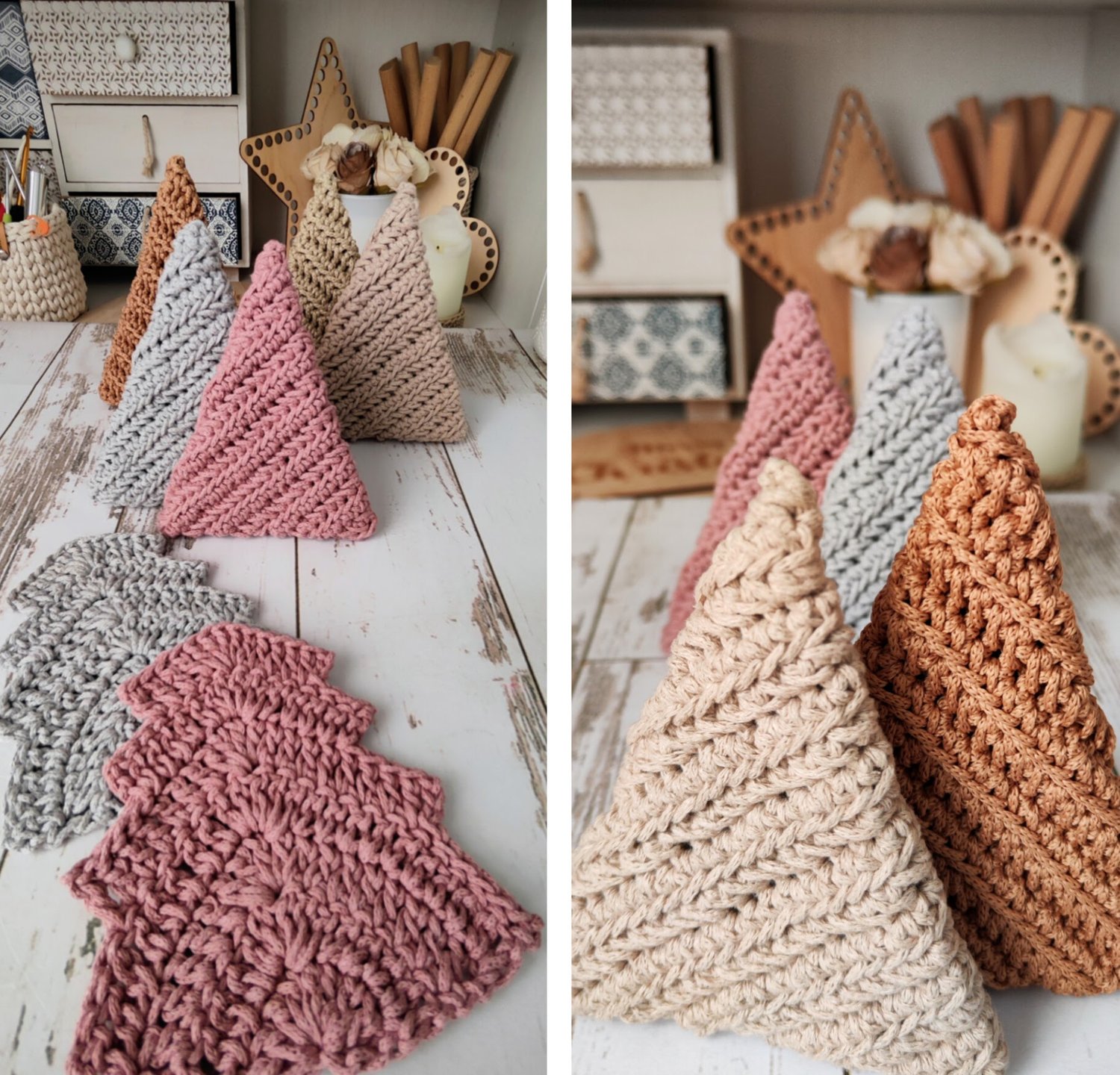 Two Scandinavian-style crochet rope trees made with cotton rope, modern Christmas tabletop decoration.