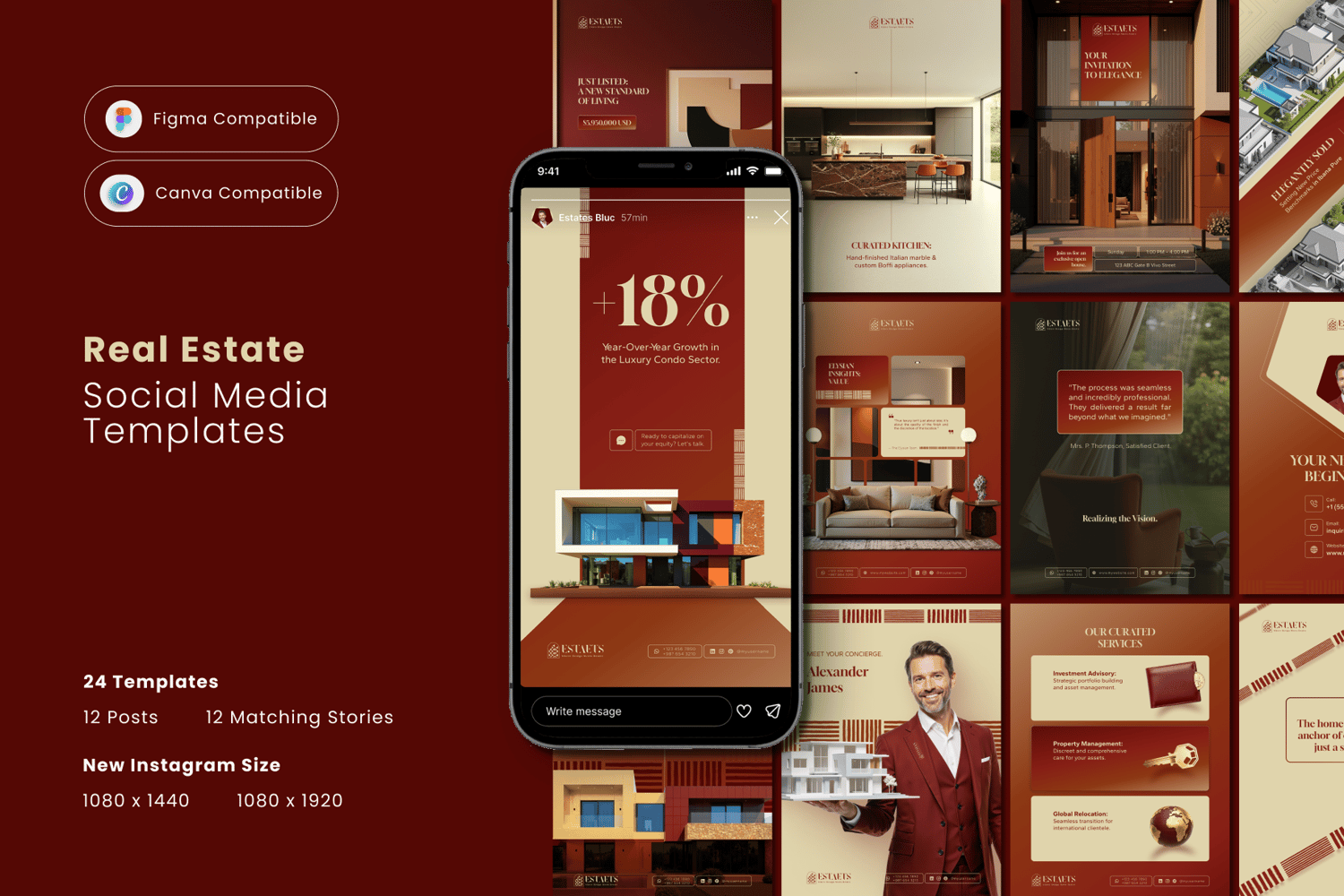 A luxury real estate Instagram post template for Canva, showing a "Just Listed" property with elegant red and beige text.