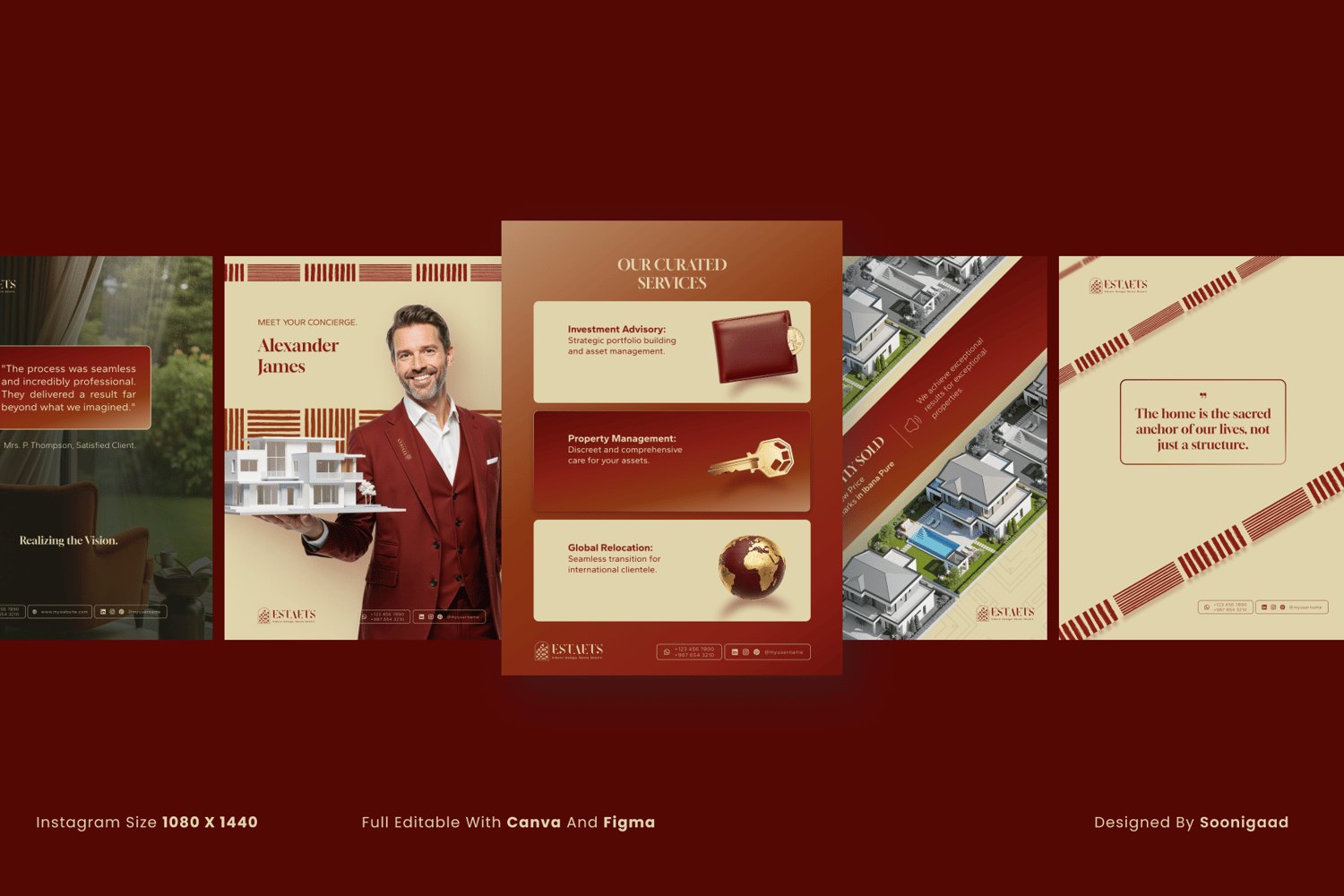 A luxury real estate Instagram post template for Canva, showing a "Just Listed" property with elegant red and beige text.