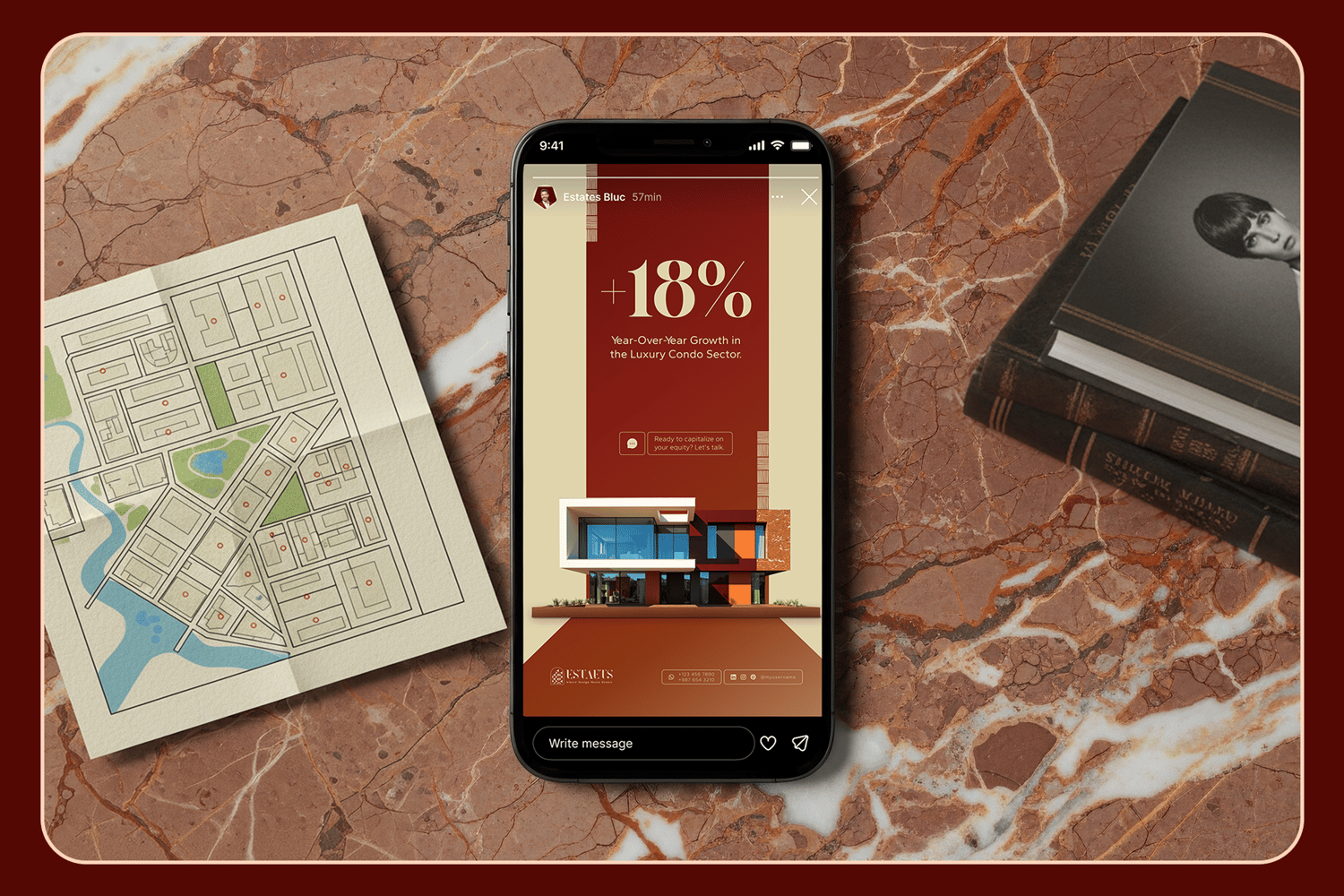 A luxury real estate Instagram post template for Canva, showing a "Just Listed" property with elegant red and beige text.