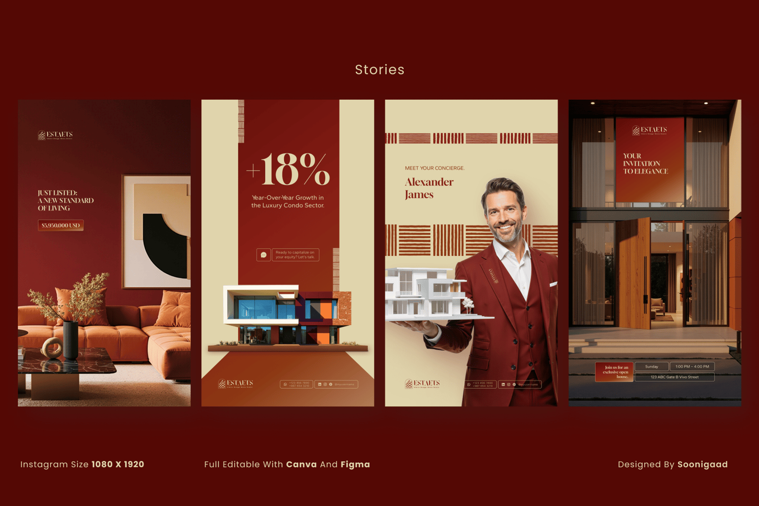 A luxury real estate Instagram post template for Canva, showing a "Just Listed" property with elegant red and beige text.