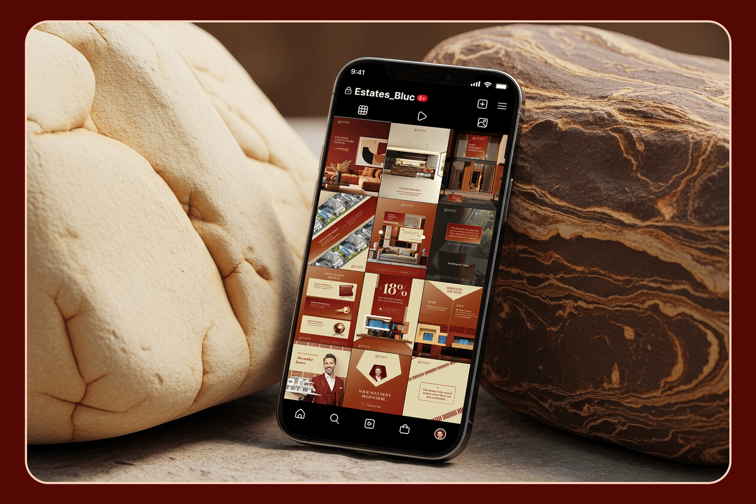 A luxury real estate Instagram post template for Canva, showing a "Just Listed" property with elegant red and beige text.