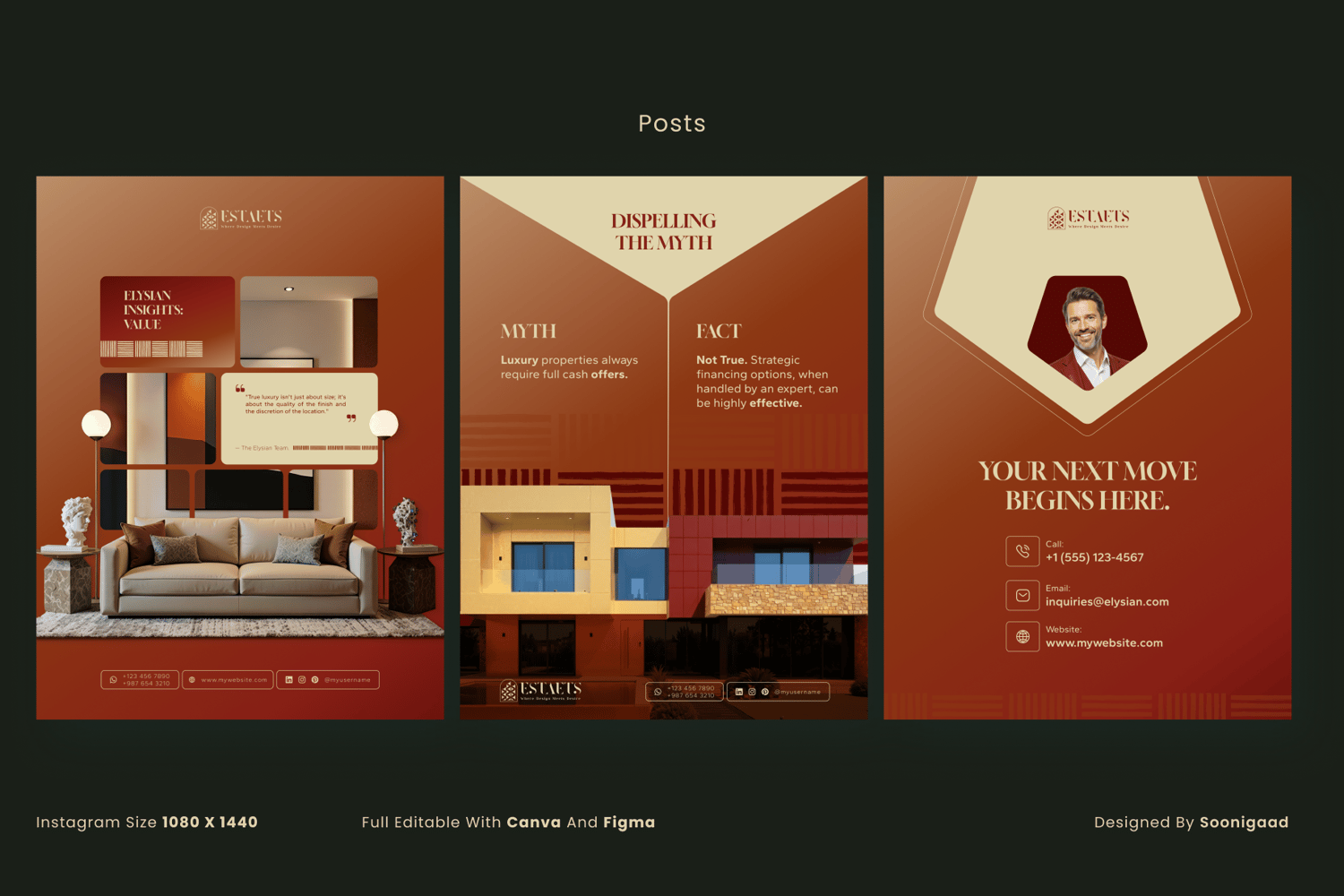 A luxury real estate Instagram post template for Canva, showing a "Just Listed" property with elegant red and beige text.