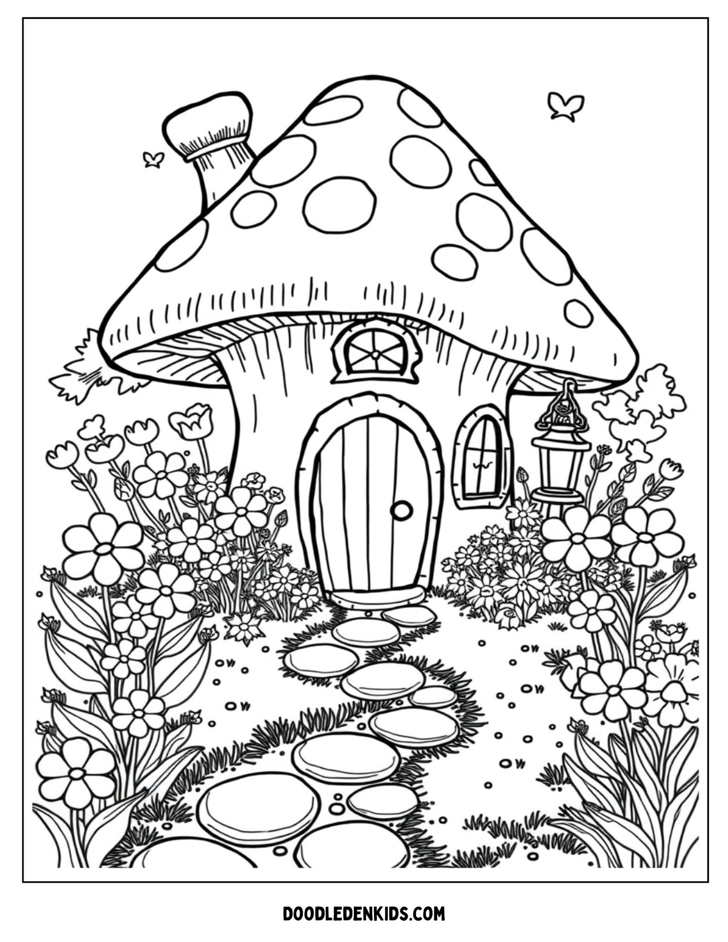 Whimsical enchanted mushroom house with ivy, stone details, and curved fairy-tale architecture
