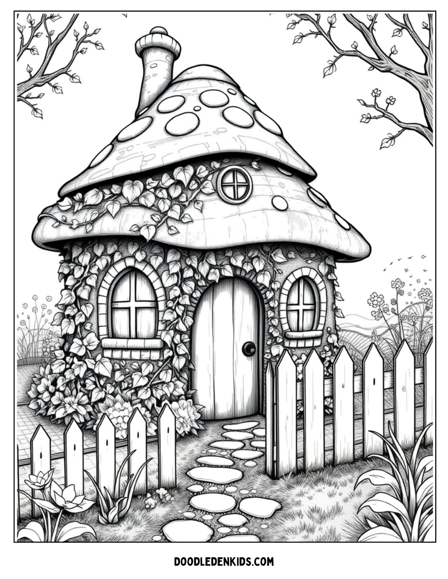 Ivy-covered mushroom cottage with picket fence in a cozy woodland setting