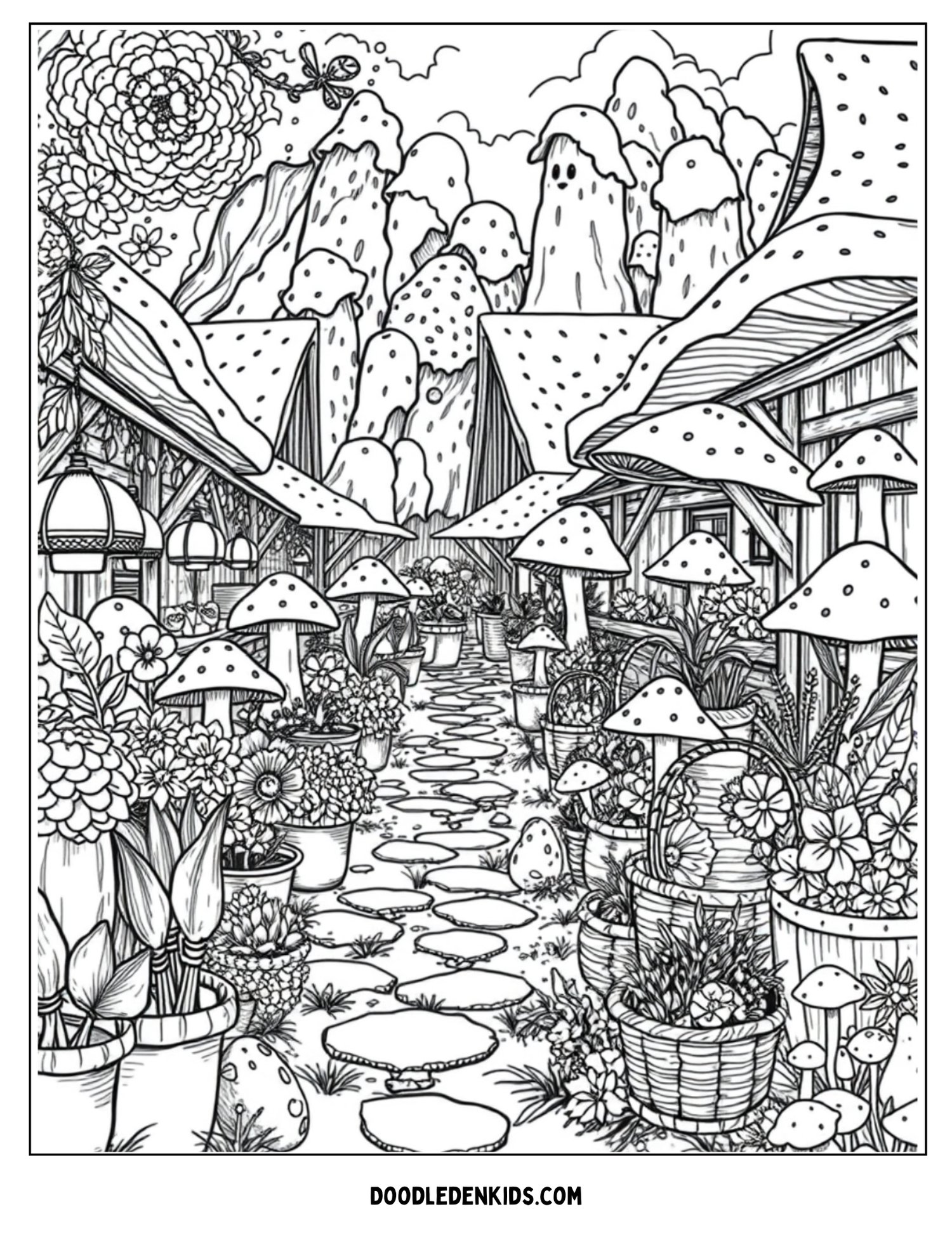 Whimsical mushroom village market with flowers, baskets, and cozy forest shopfronts
