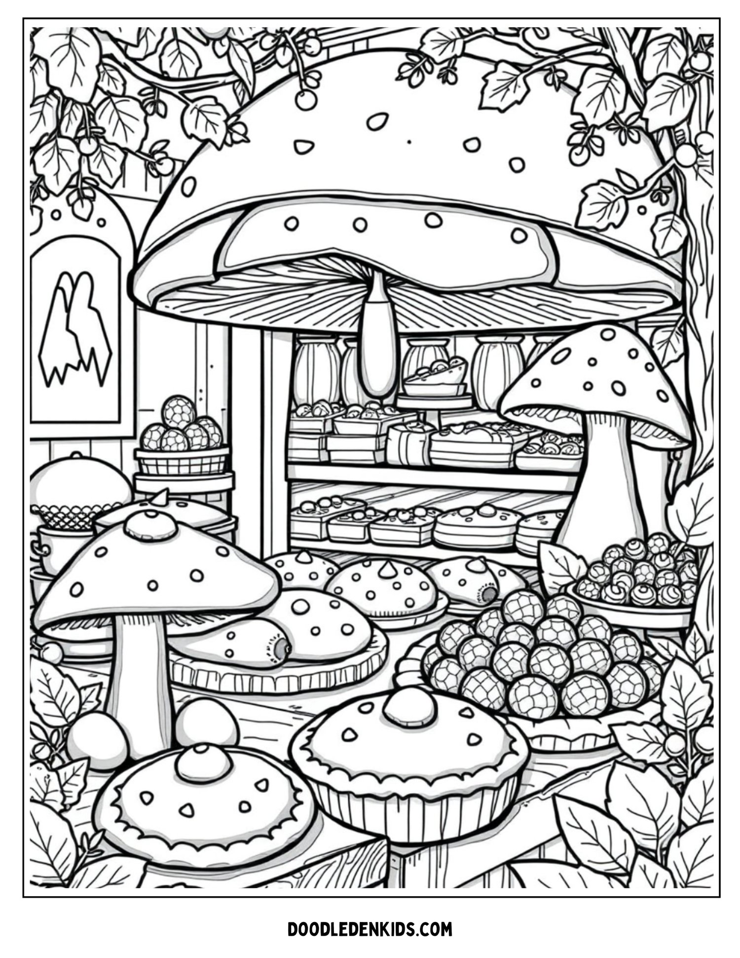 Fairy-tale mushroom bakery with berry pies, shelves, and charming cottage details