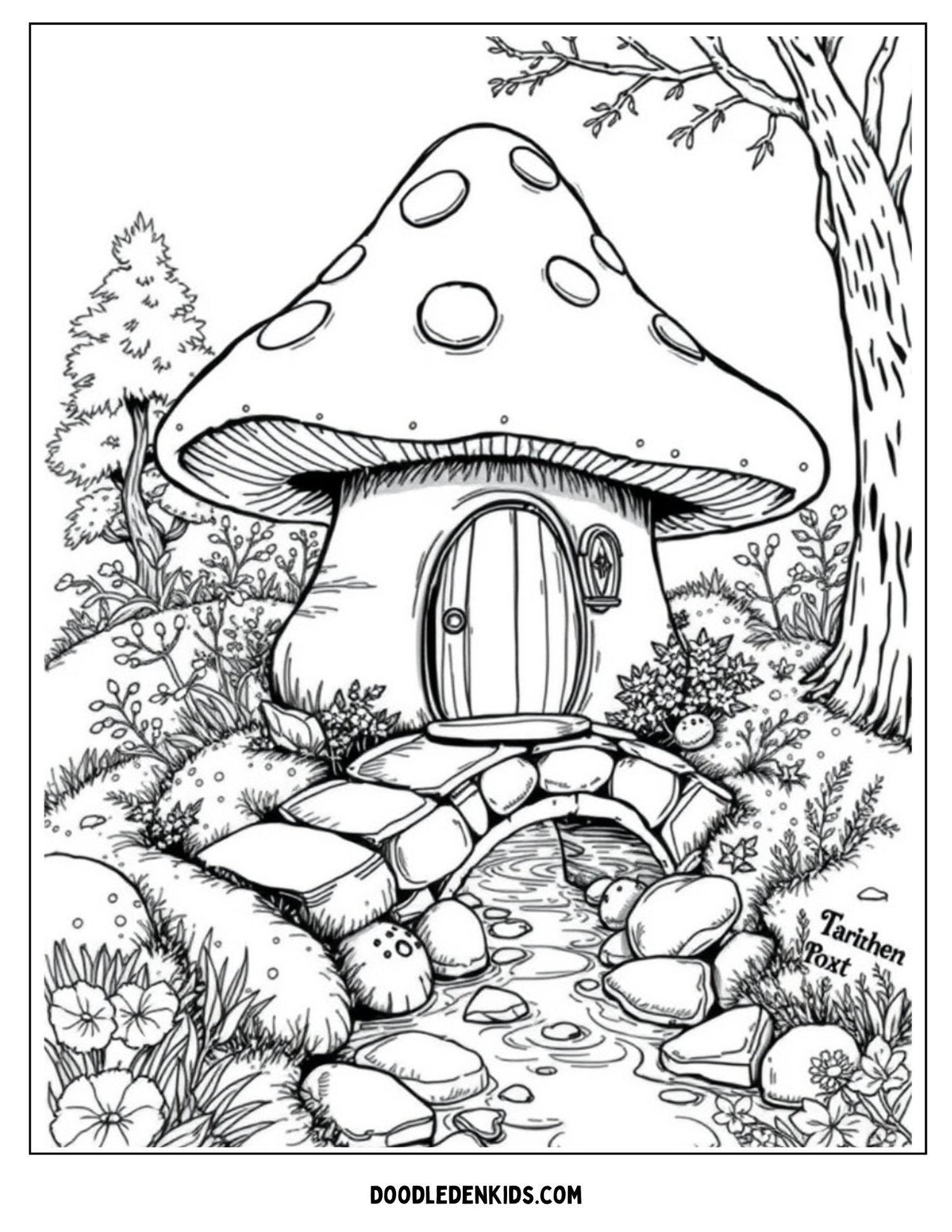 Mushroom cottage beside a flowing stream with a small stone bridge and forest details
