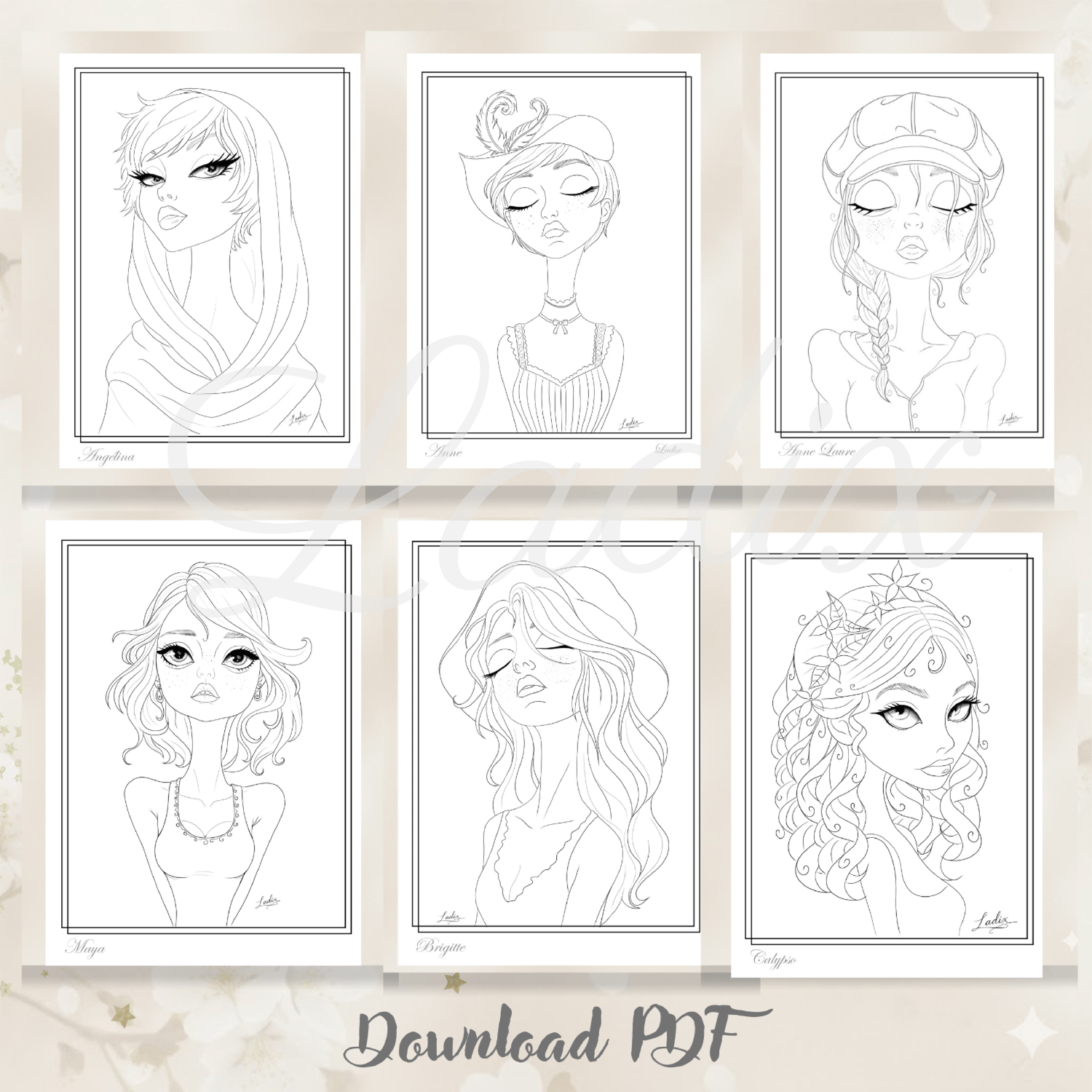 coloriage adulte portraits féminins  pack coloriage PDF à imprimer  illustrations poétiques à colorier  portraits intemporels femmes art