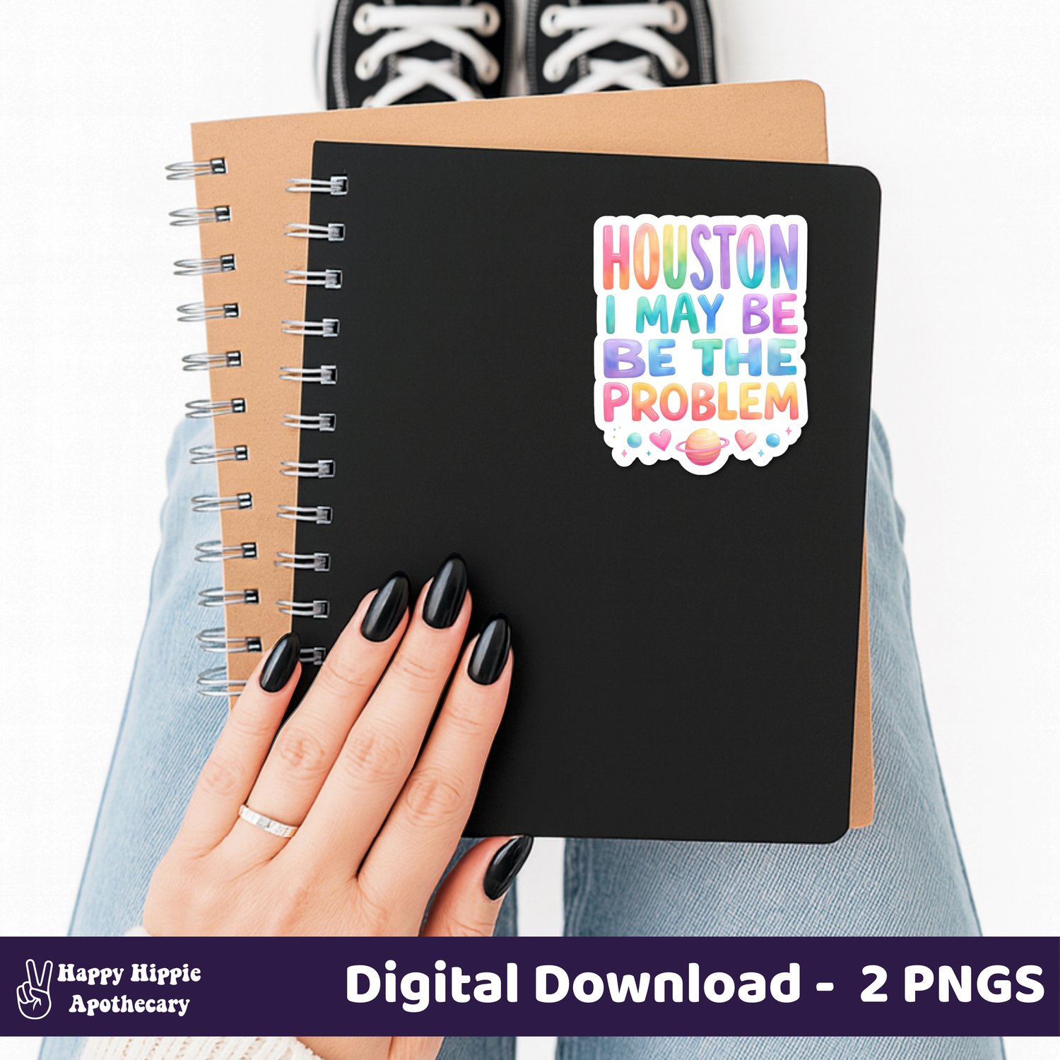 Houston I May Be The Problem sticker on black journal – cute rainbow PNG for planner stickers, laptops, scrapbooking, or sublimation printing