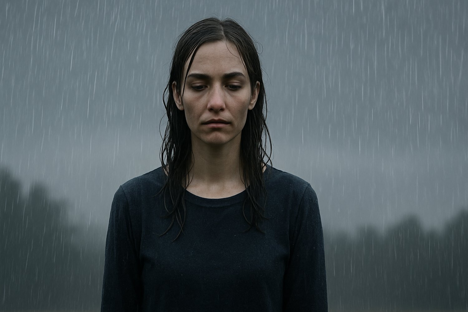 A woman standing in heavy rain with soaked hair and a tired, solemn expression. She appears calm but emotionally exhausted as water streams down her face. Dark storm clouds and blurred trees create a moody, somber atmosphere.