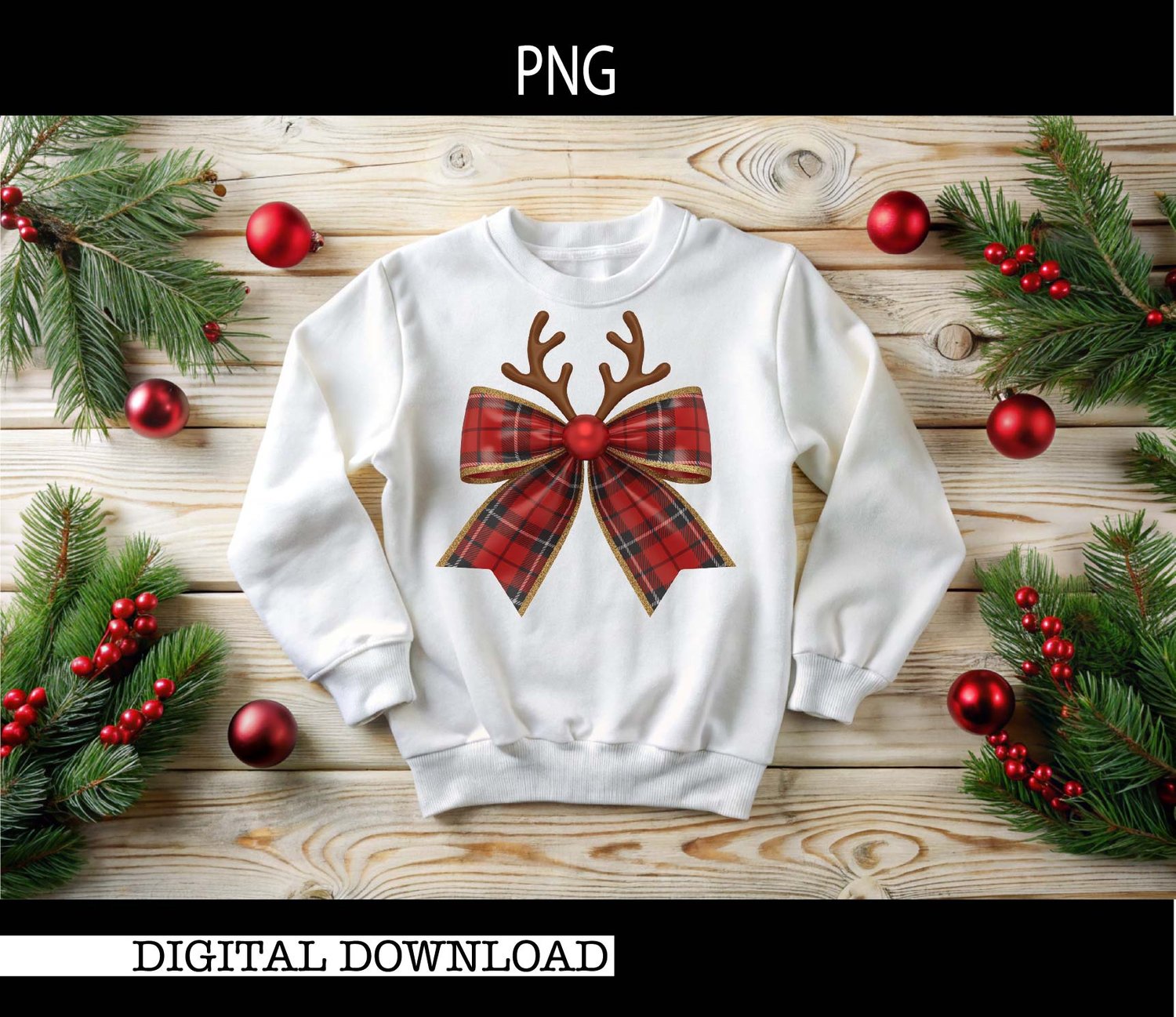 Red & Black Plaid Christmas Coquette Bow PNG – Satin Texture, Rudolph Nose Center, Antlers, Sparkle Border | Instant Digital Download